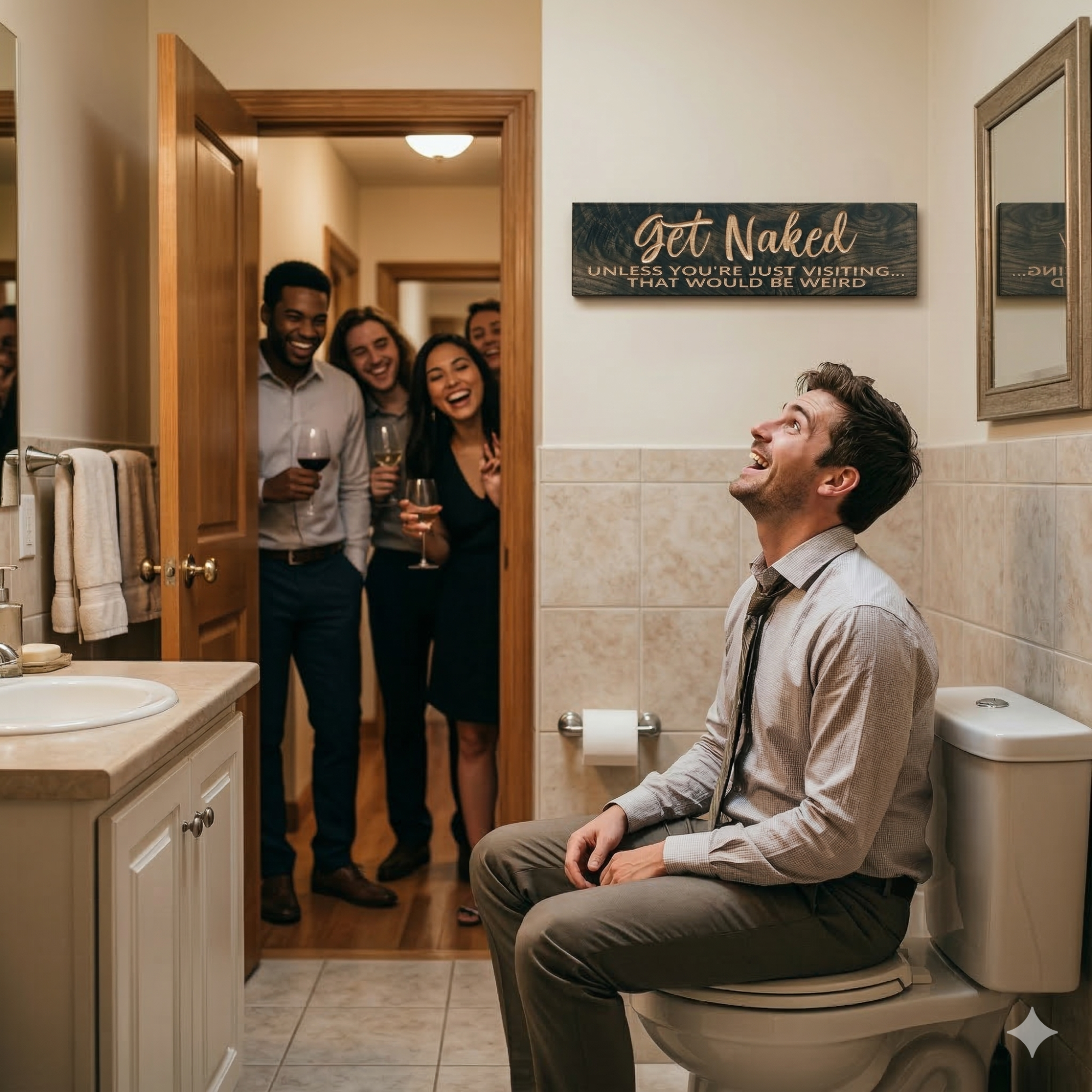 "Get Naked Unless You're Just Visiting" funny wooden bathroom sign displayed on bathroom wall with guests laughing in the doorway – humorous bathroom wall decor by Bluegrass Gifts
