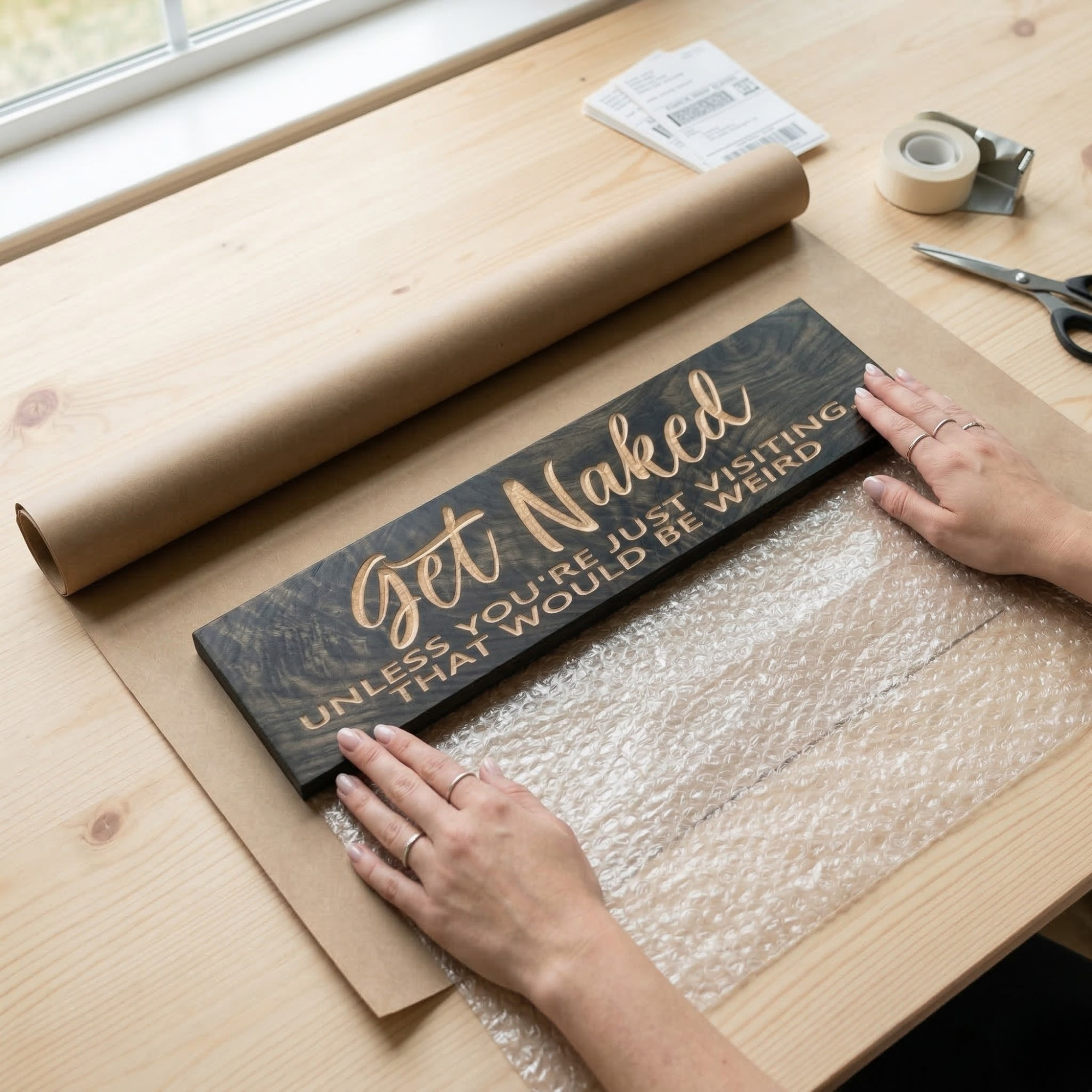 Hands carefully wrapping the "Get Naked" funny bathroom wood sign in bubble wrap for shipping – handcrafted and fulfilled from Kentucky by Bluegrass Gifts