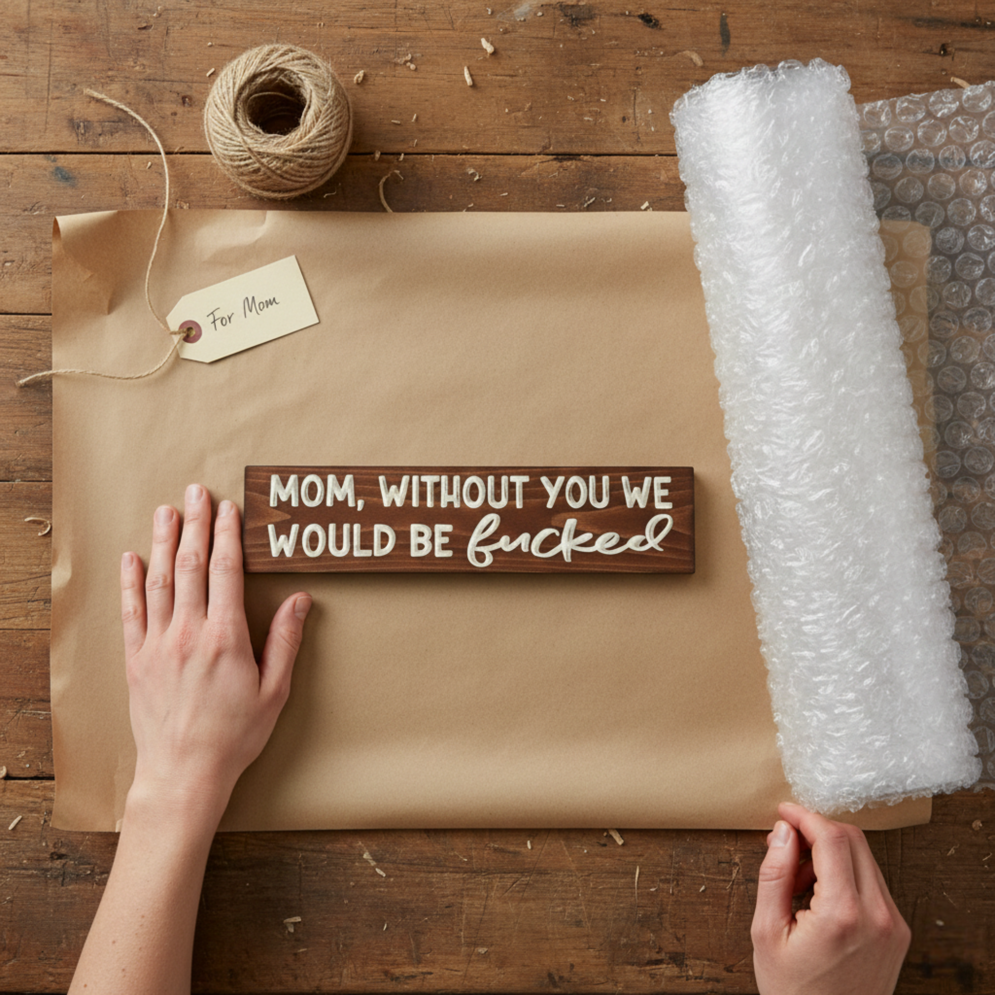 A hands-on view of the gift-ready packaging for a Bluegrass Gifts sign being prepared for a Mother's Day surprise.
