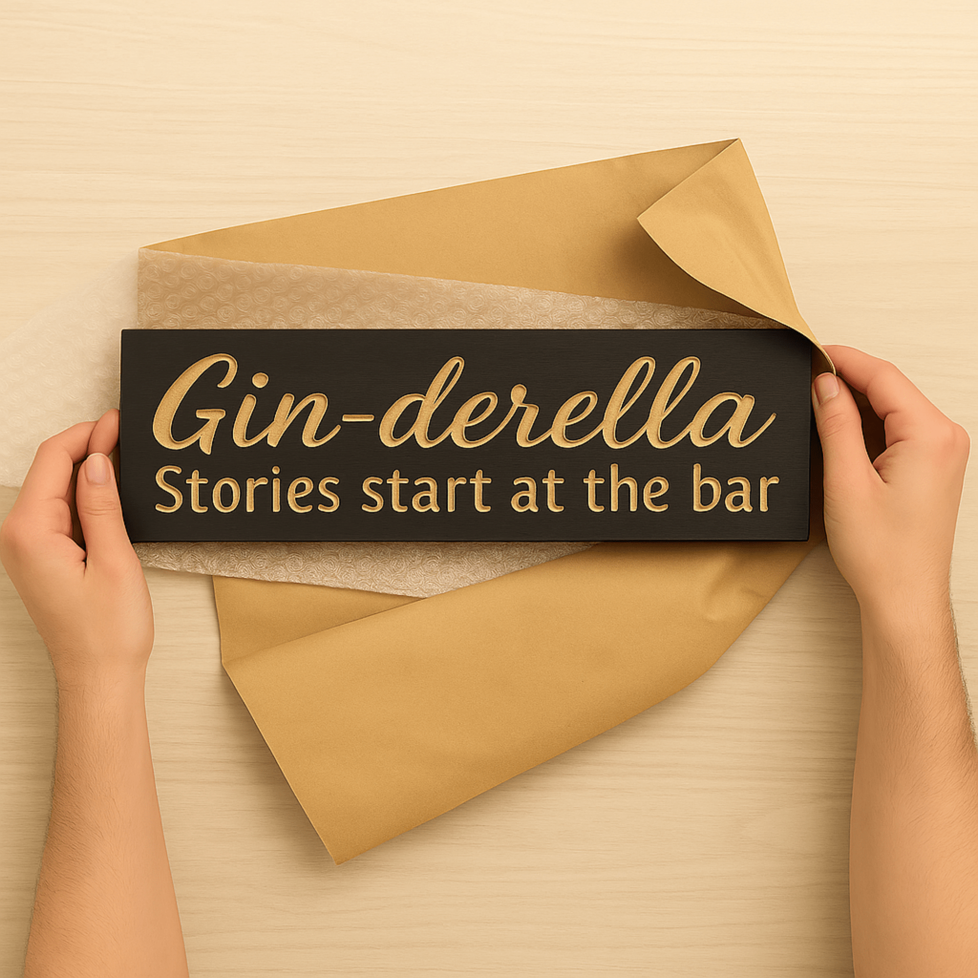 gin-derella-sign-backyard-tiki-bar - ginderella bar sign stories start wood sign by Bluegrass Gifts, handmade in Kentucky