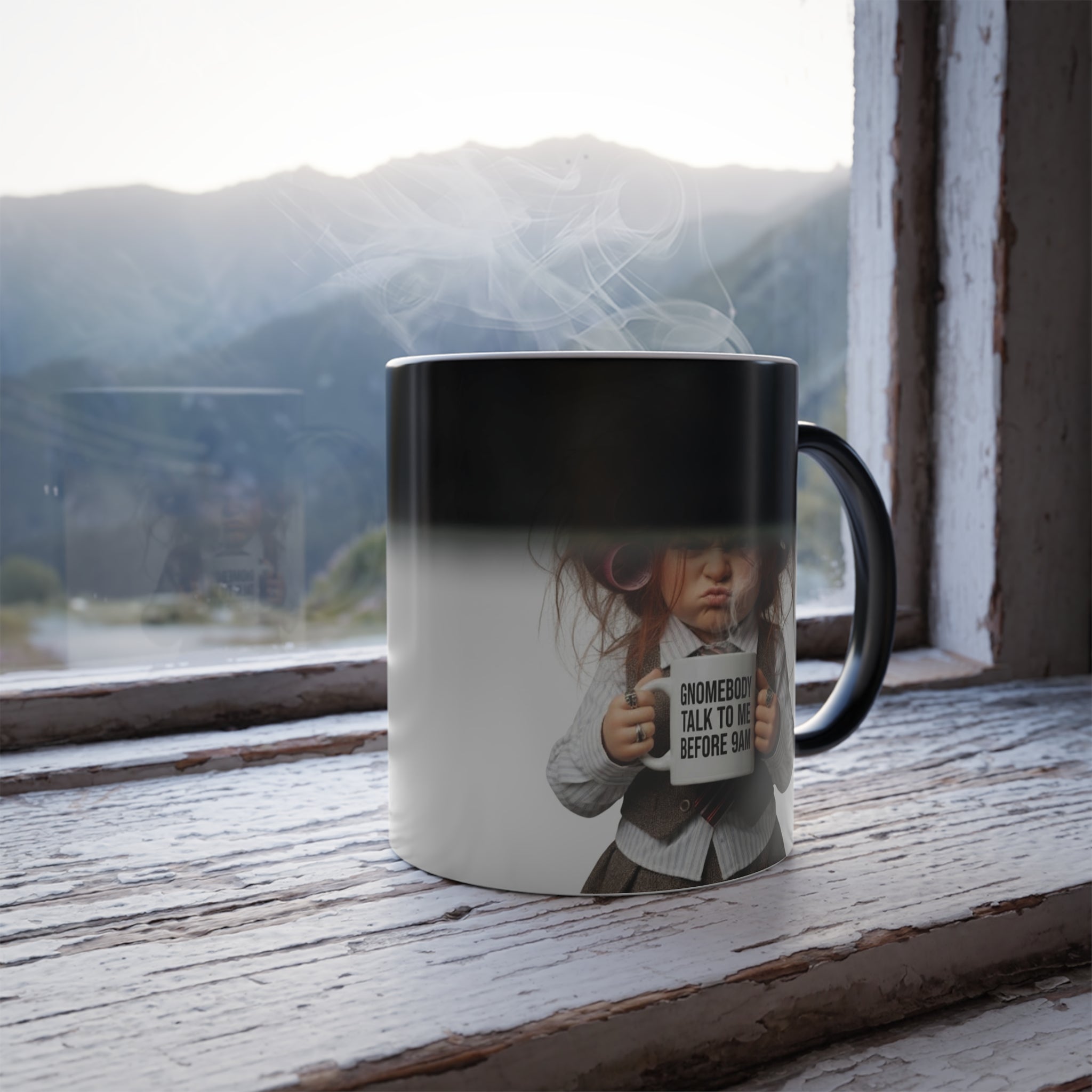 Sassy Gnomebody Magic Mug mid-reveal on a wooden windowsill with steam rising and mountain view.