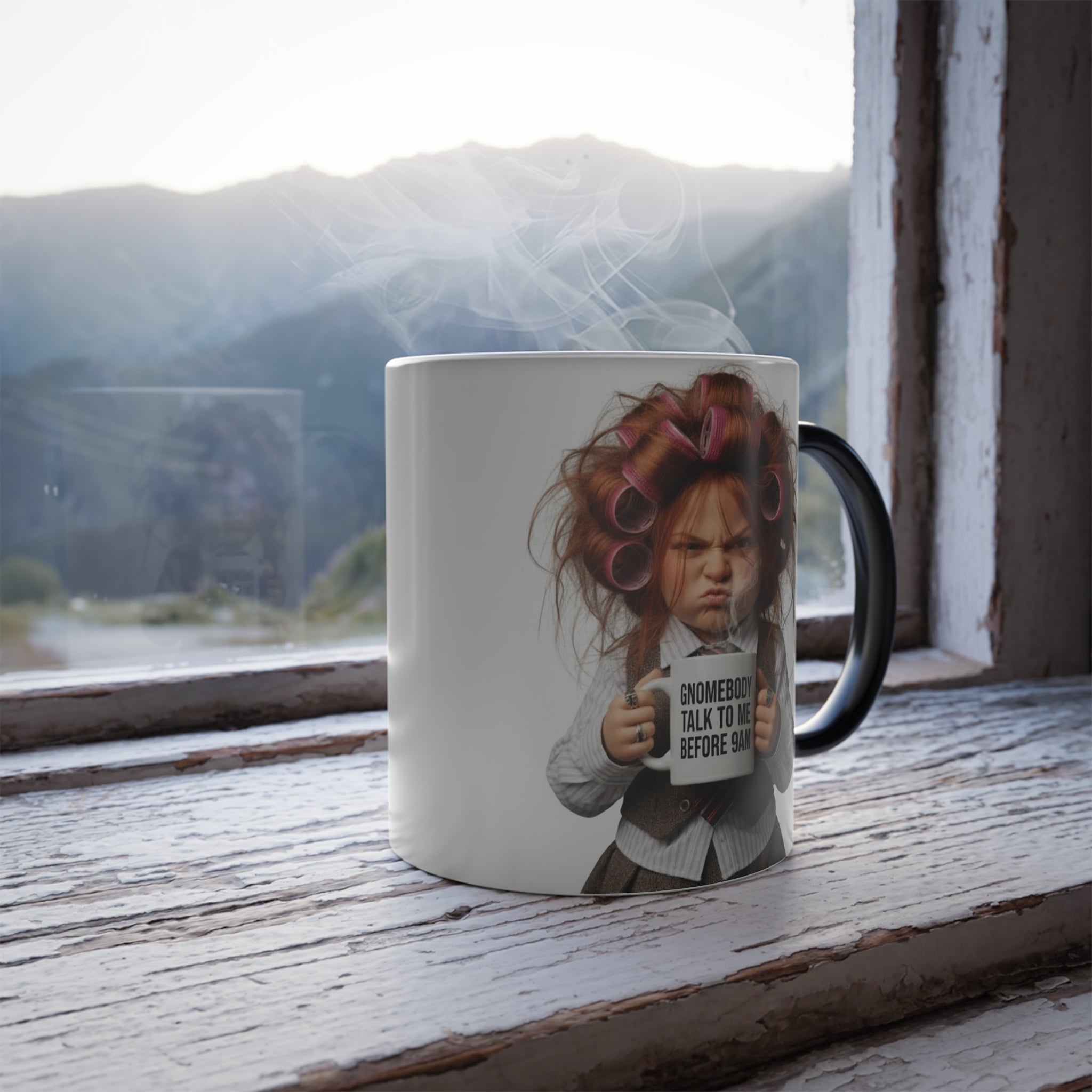 Sassy Gnomebody Talk To Me Before 9AM mug fully revealed on wooden windowsill with steam, perfect funny boss gift.