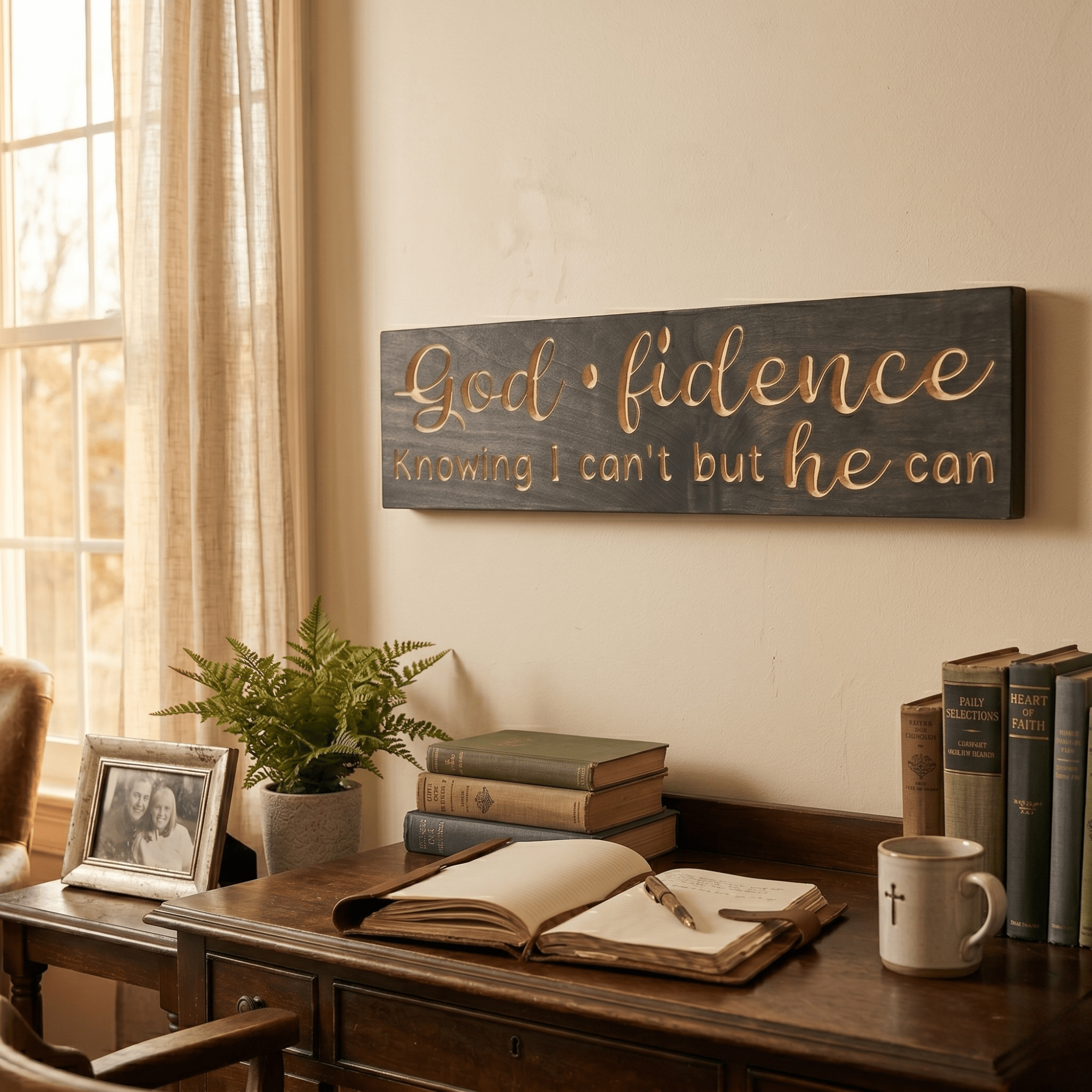 Godfidence wooden faith sign displayed above a vintage writing desk with journal, books, and fern in a sunlit Southern home office