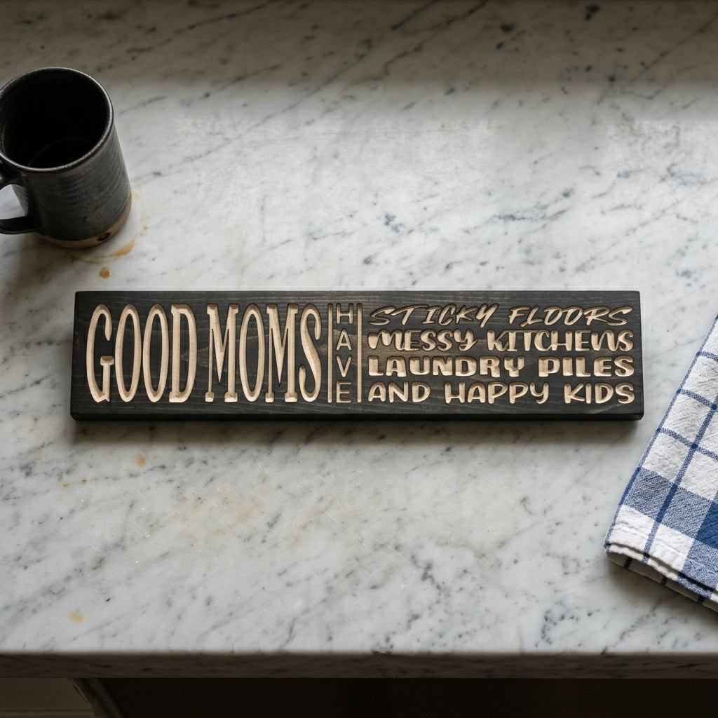 Good Moms Have Sticky Floors Sign — Carved Wood Motherhood Humor