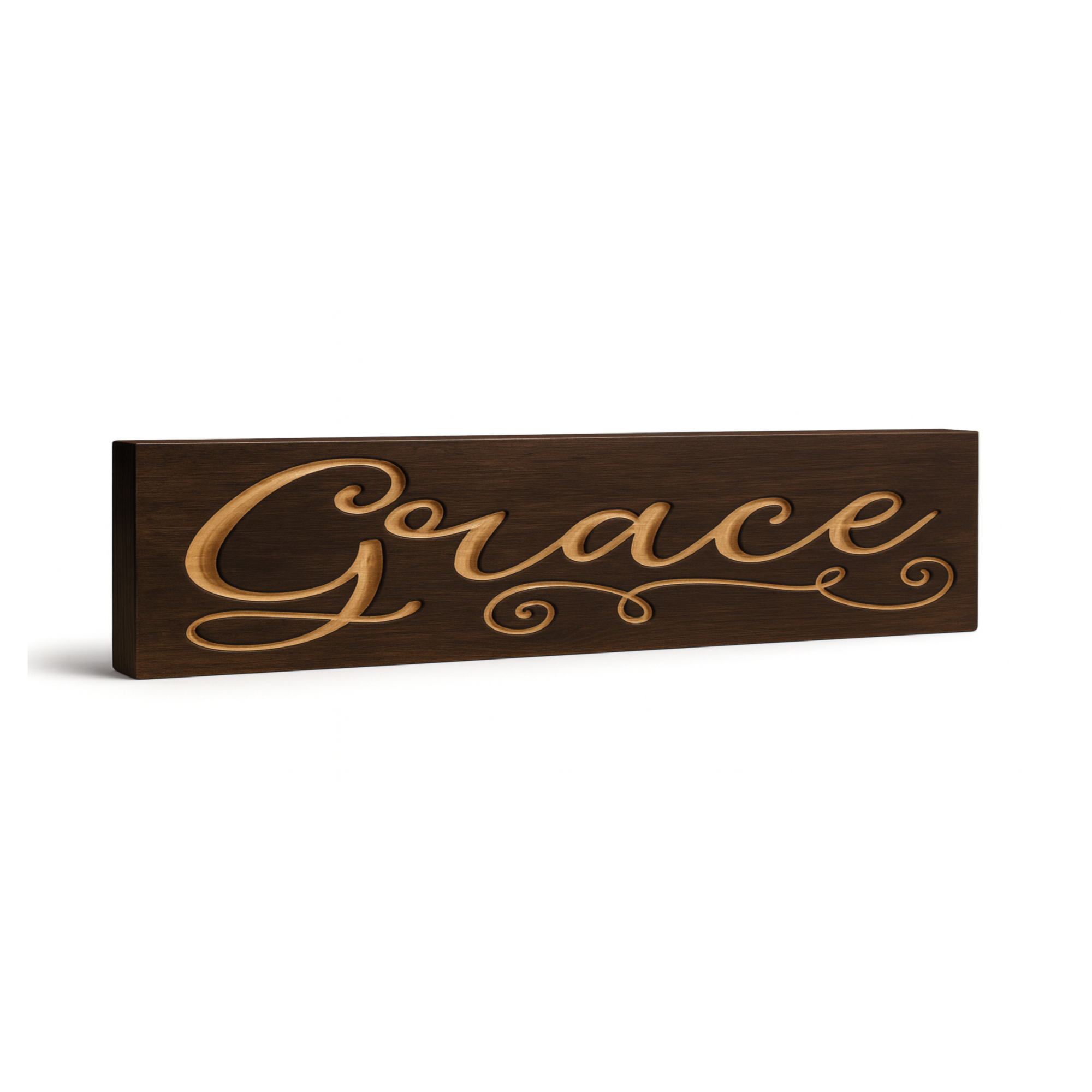 Faith-based Grace wooden wall art with CNC carved lettering in espresso finish
