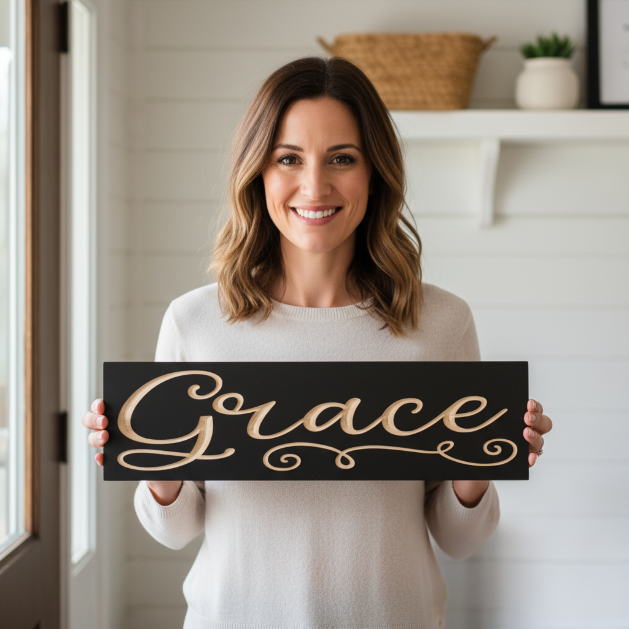 Woman holding handcrafted Grace wooden sign made in Kentucky by Bluegrass Gifts