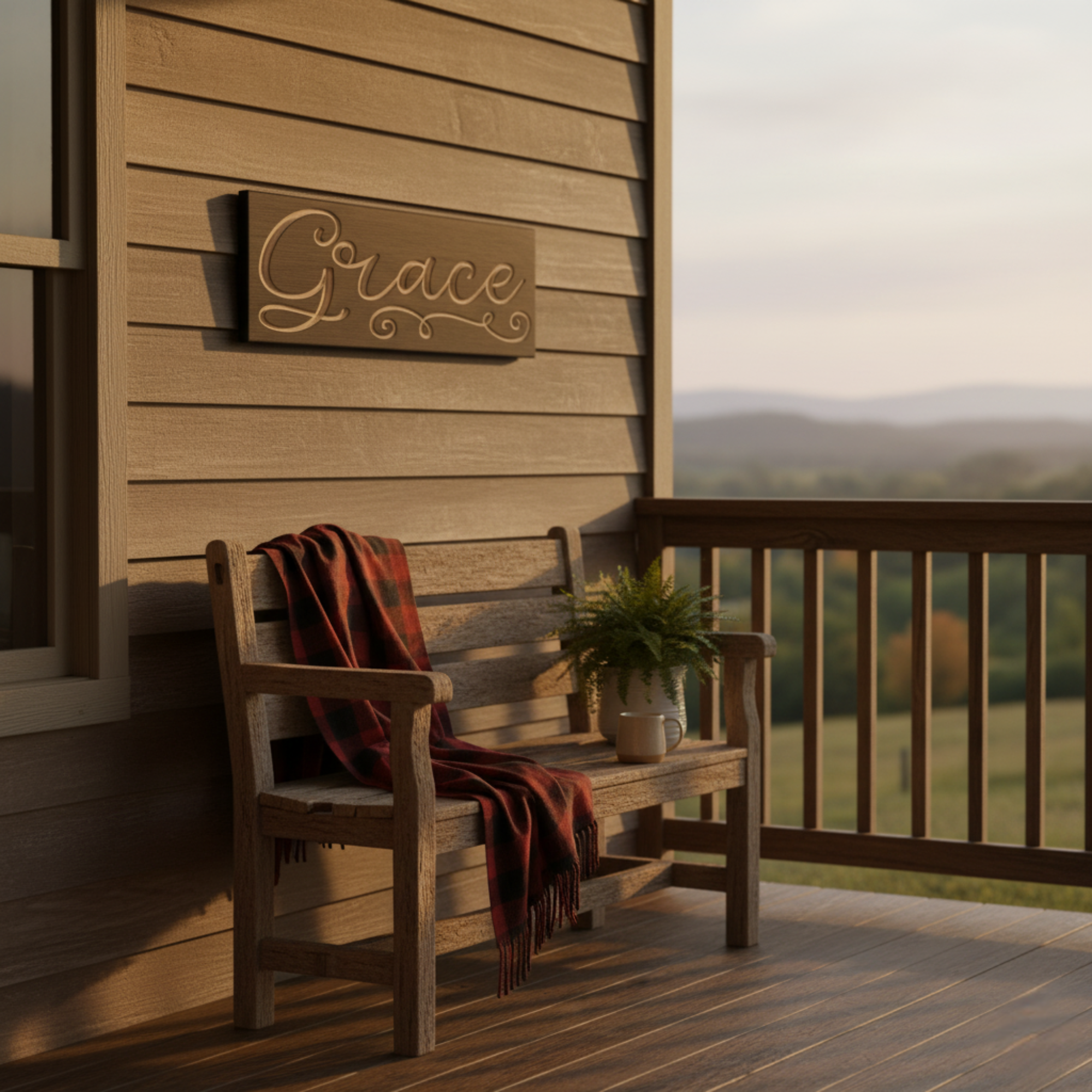 Grace carved wooden sign hanging on farmhouse porch with scenic countryside view