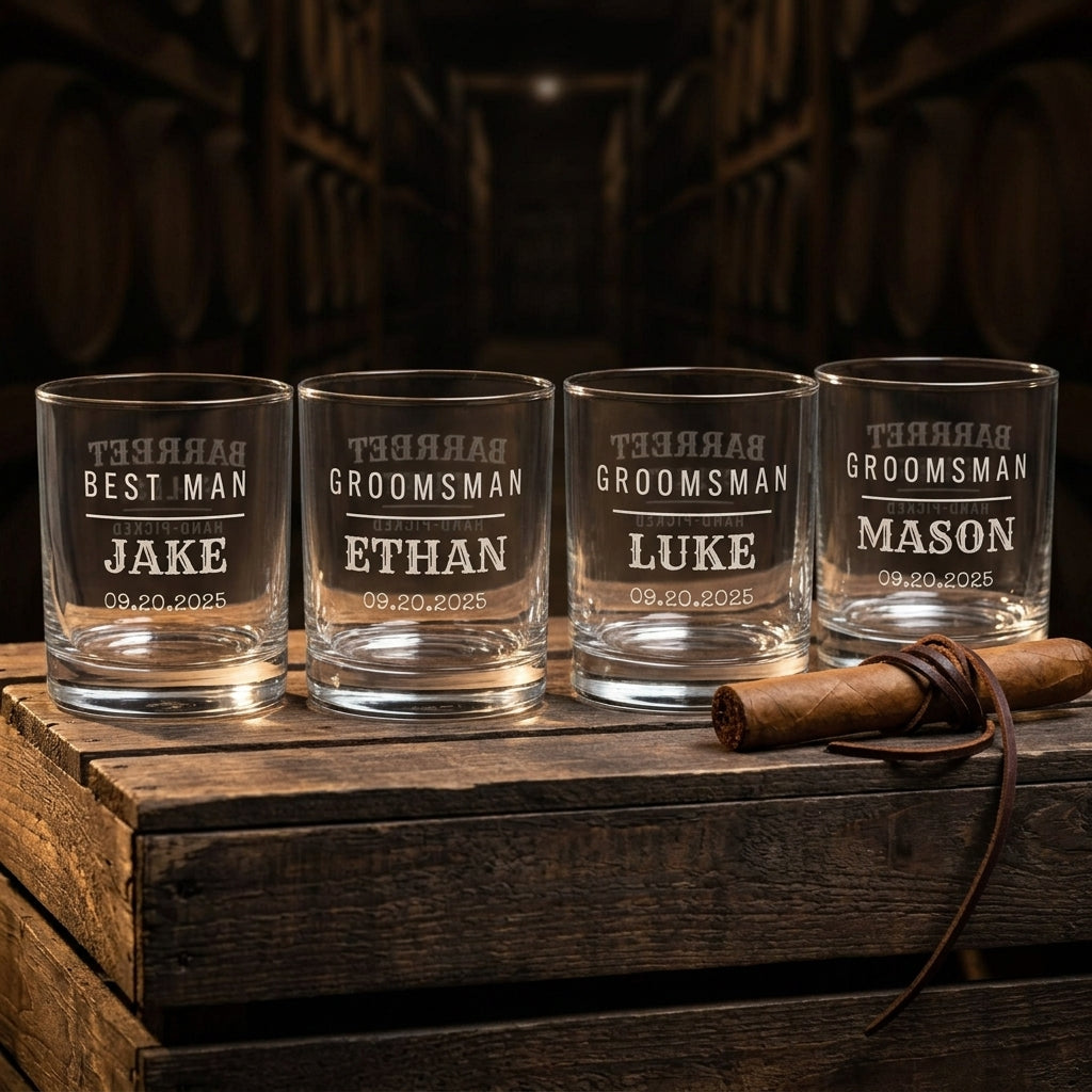 Personalized groomsmen whiskey glasses styled as a groomsman proposal gift with leather cord and cigar