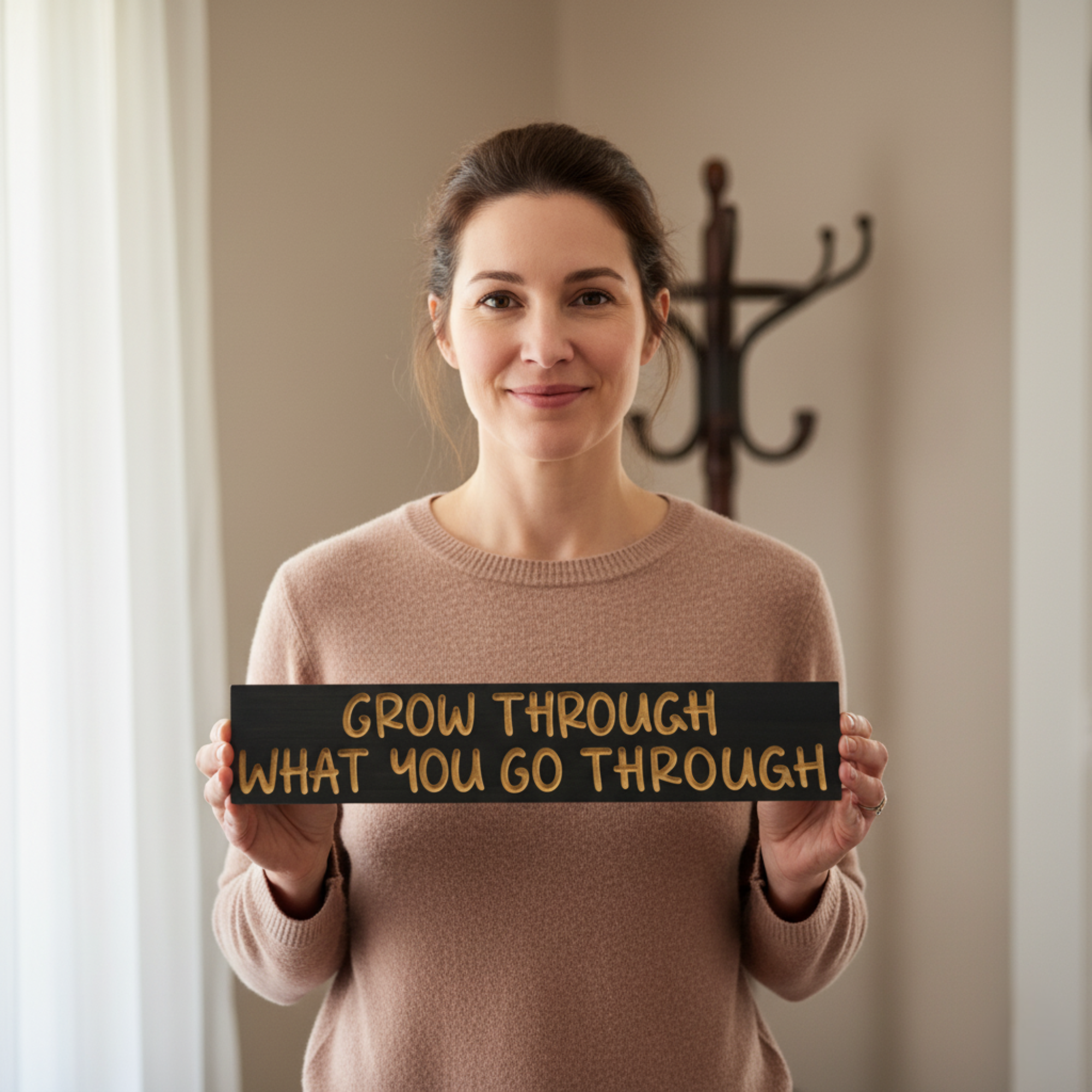 Woman holding the “Grow Through What You Go Through” black‑and‑gold wood sign for in‑hand size reference.