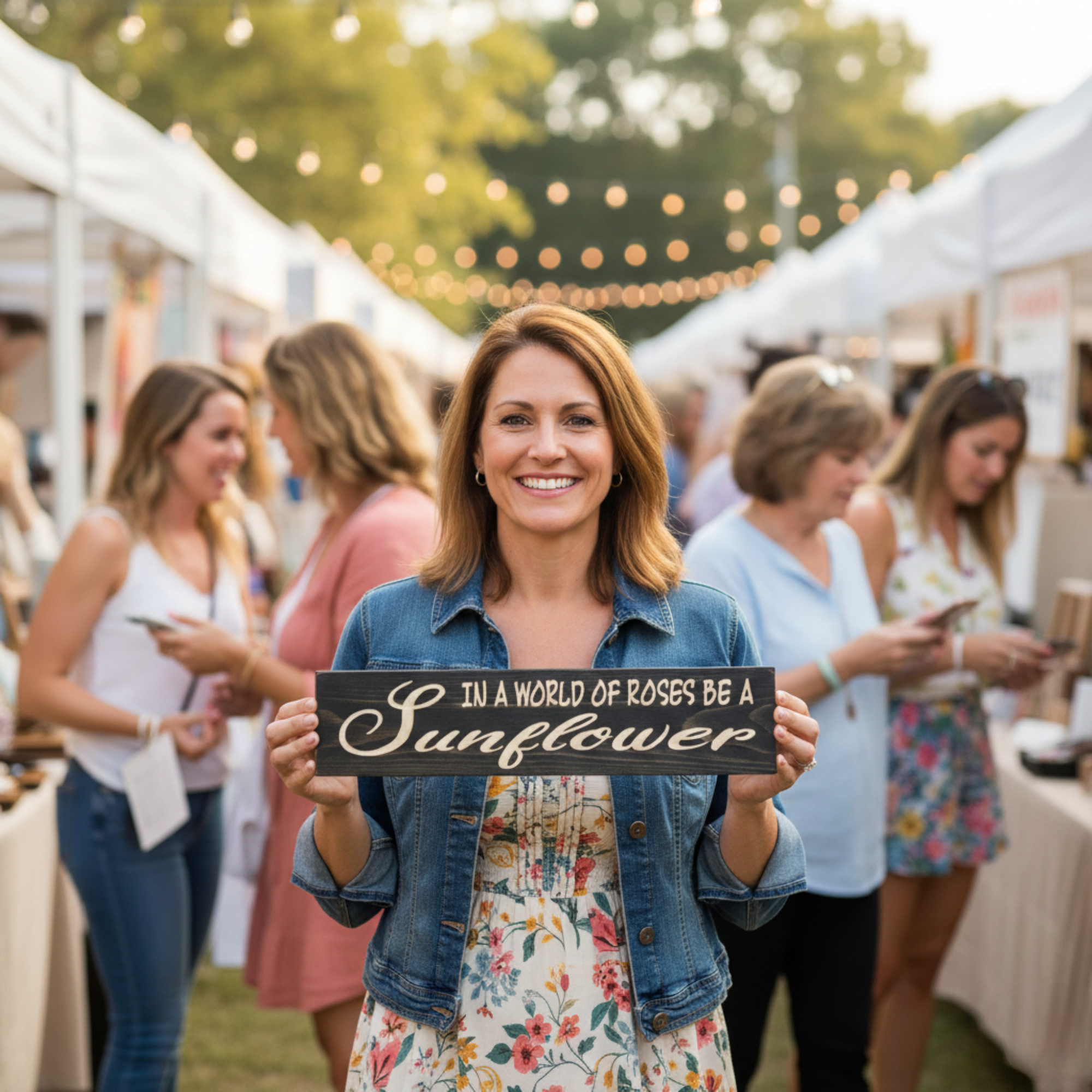 A person holding the In a World of Roses Be a Sunflower sign, demonstrating the portable 16-inch scale and solid wood quality of the piece.