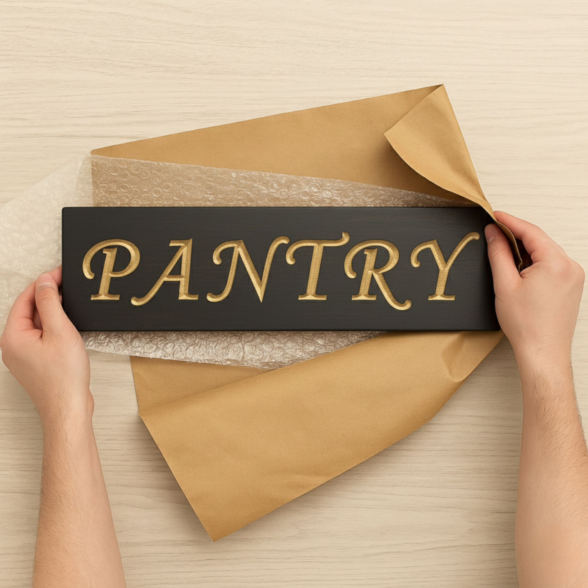 A person carefully unboxing a handmade carved wood pantry sign, showing the quality packaging for a perfect housewarming gift.