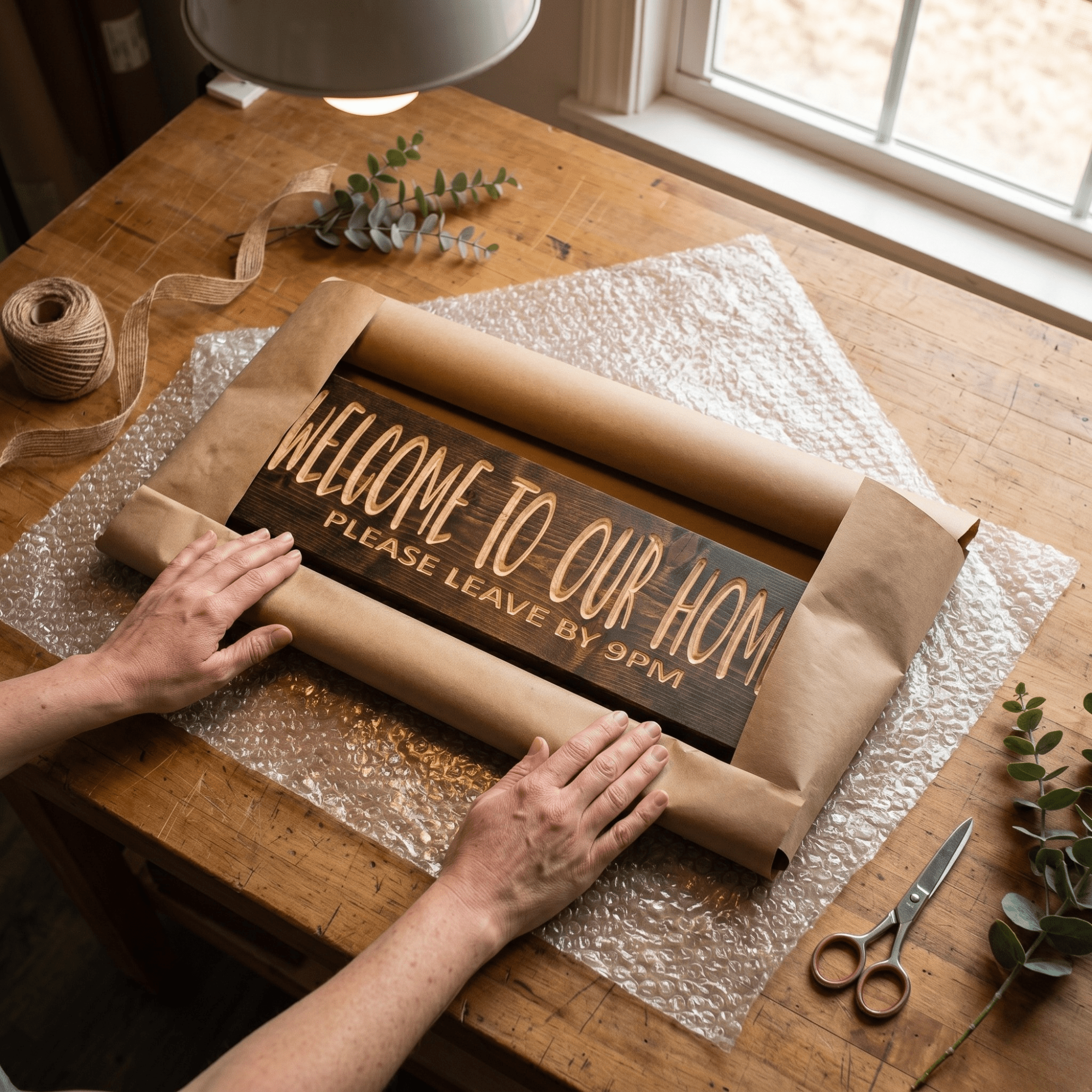 Hands wrapping a handmade Welcome to Our Home wood sign in kraft paper at the Bluegrass Gifts workshop in Rineyville Kentucky