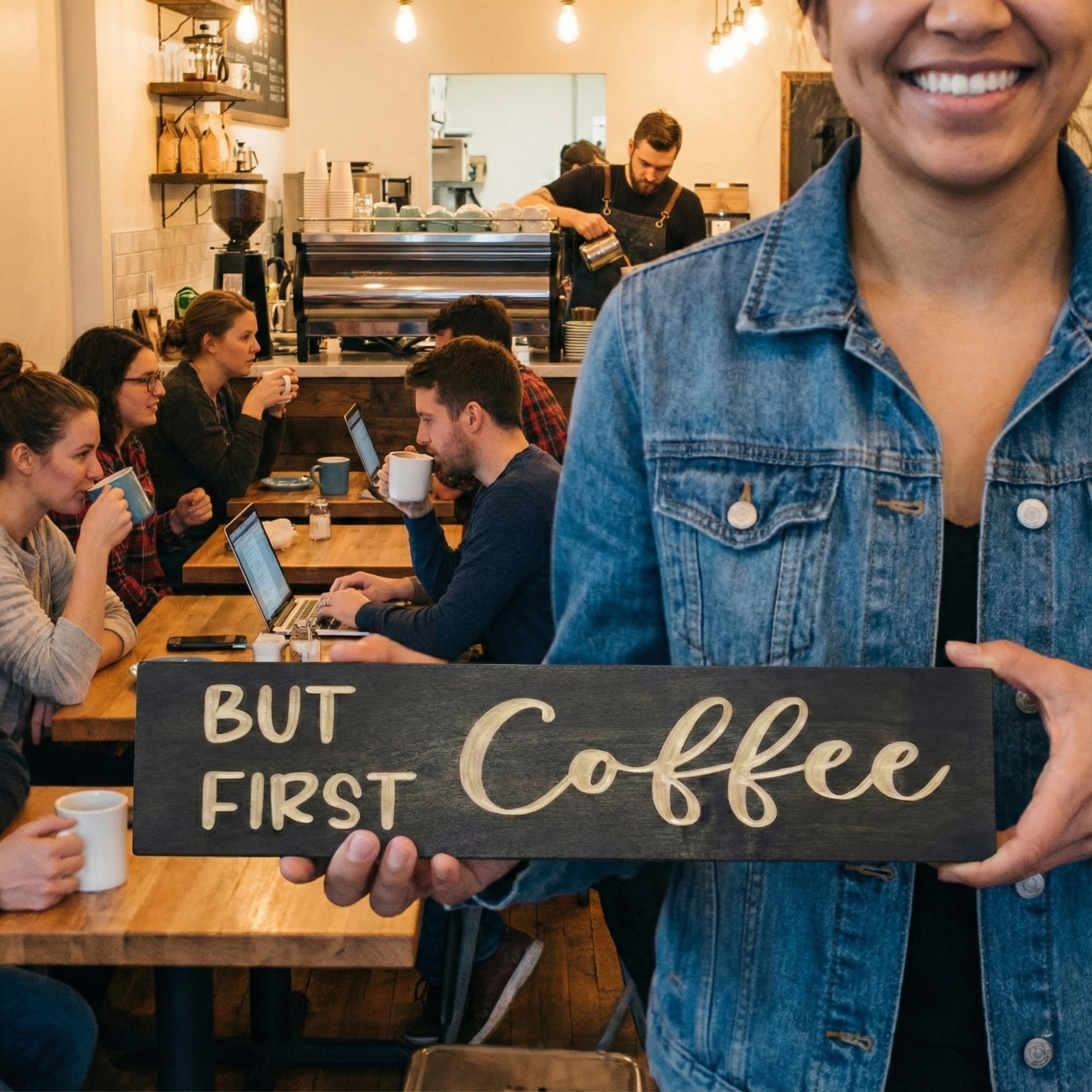 Smiling woman holding a "But First Coffee" carved wood sign in a busy coffee shop, a perfect gift idea for coffee lovers.