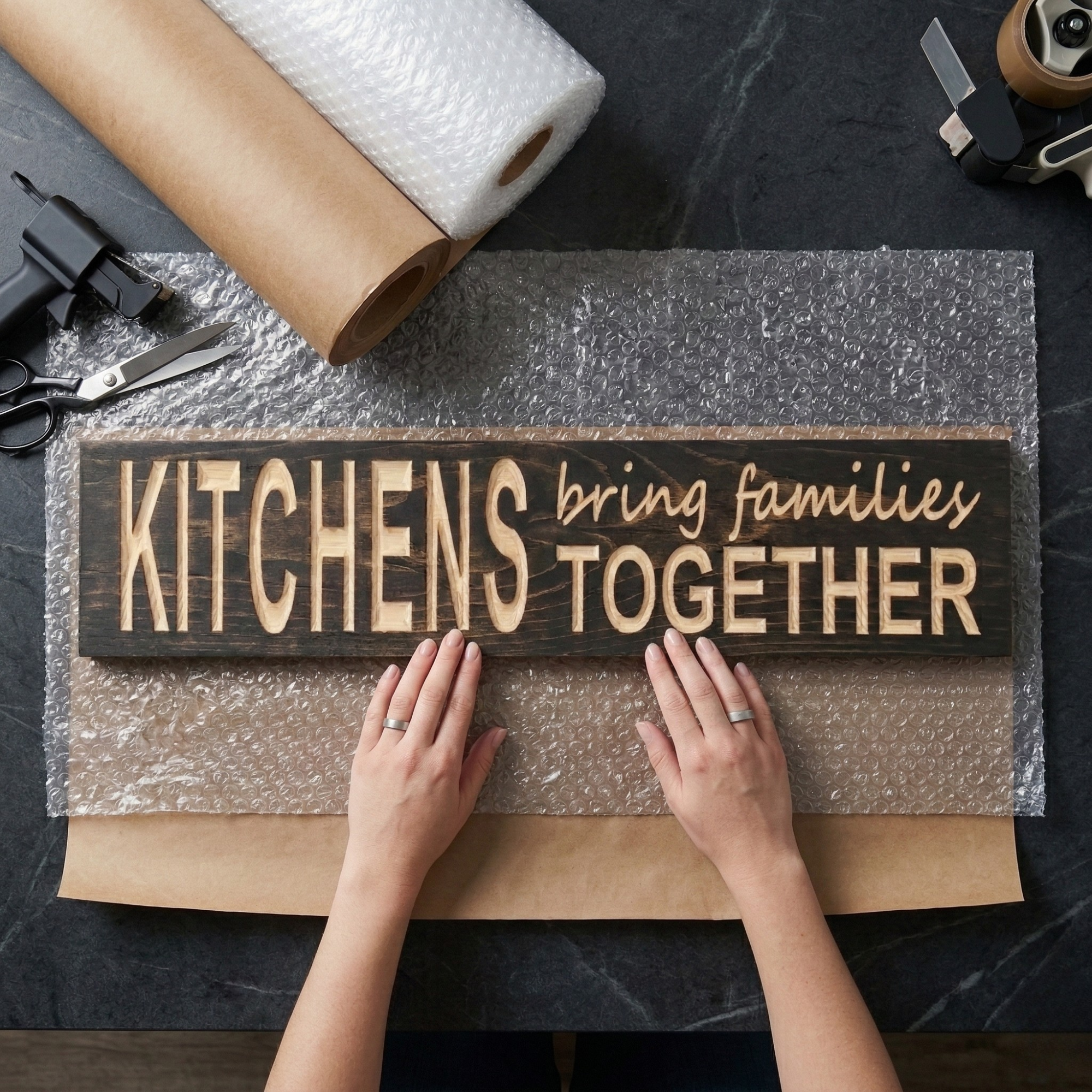 An overhead view of a craftsman's hands placing a finished "KITCHENS bring families TOGETHER" sign on bubble wrap for shipping from a Kentucky workshop.