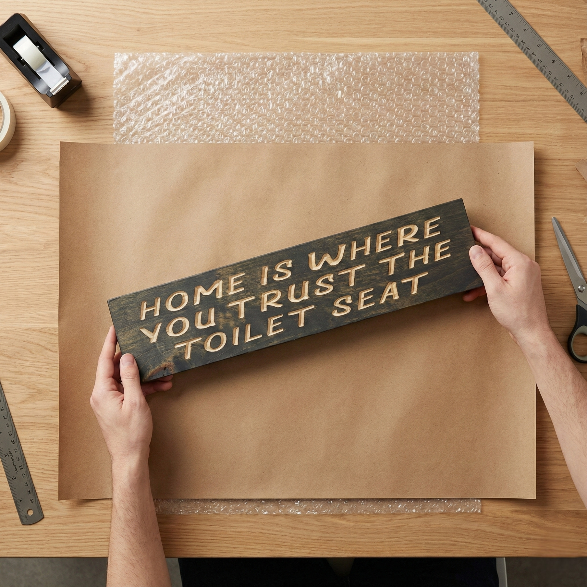 Overhead view of hands holding a finished wooden sign on a packaging table with craft paper, showing the handmade quality of Bluegrass Gifts.