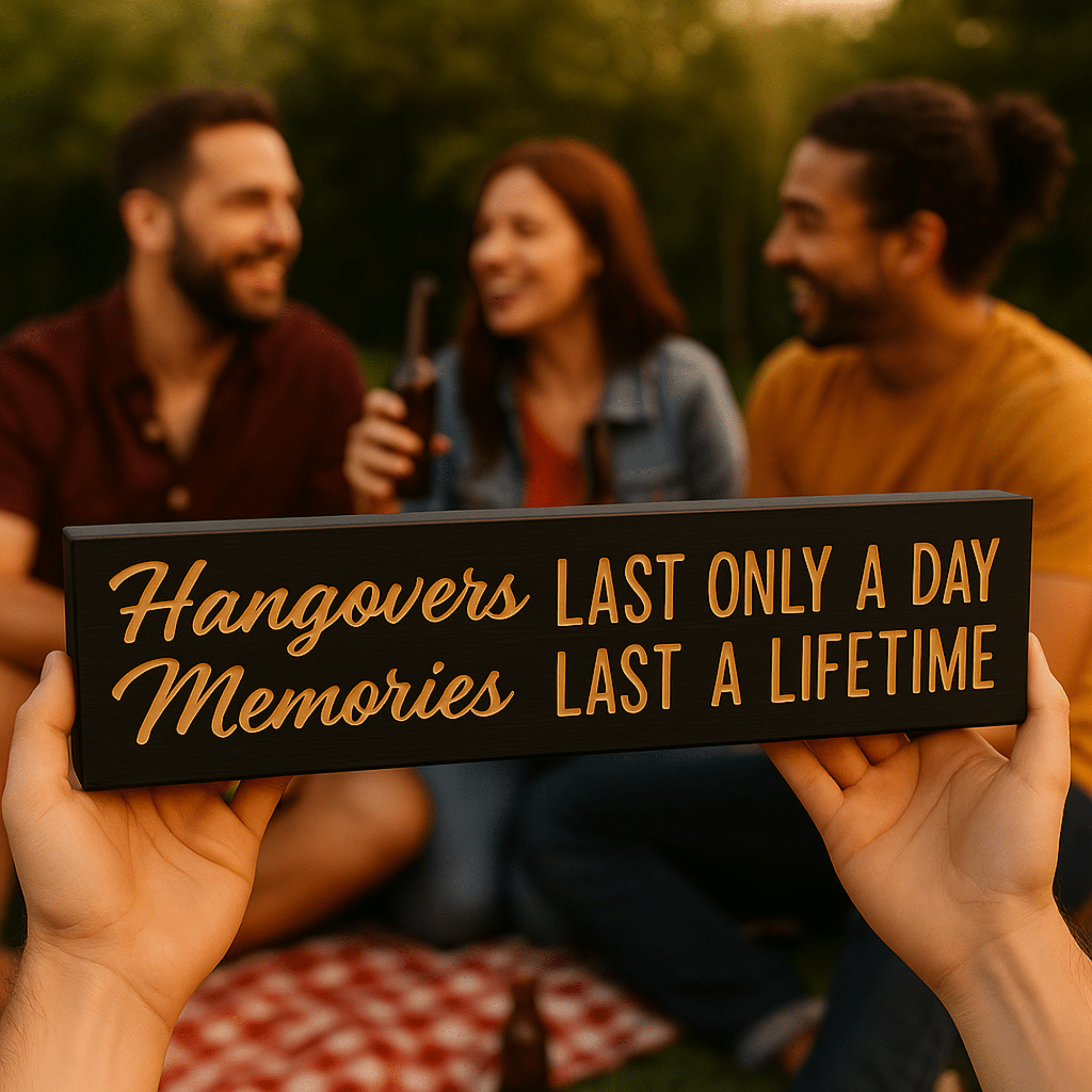 Hands holding a “Hangovers Last Only a Day, Memories Last a Lifetime” wooden bar sign at an outdoor picnic with friends laughing in the background.
