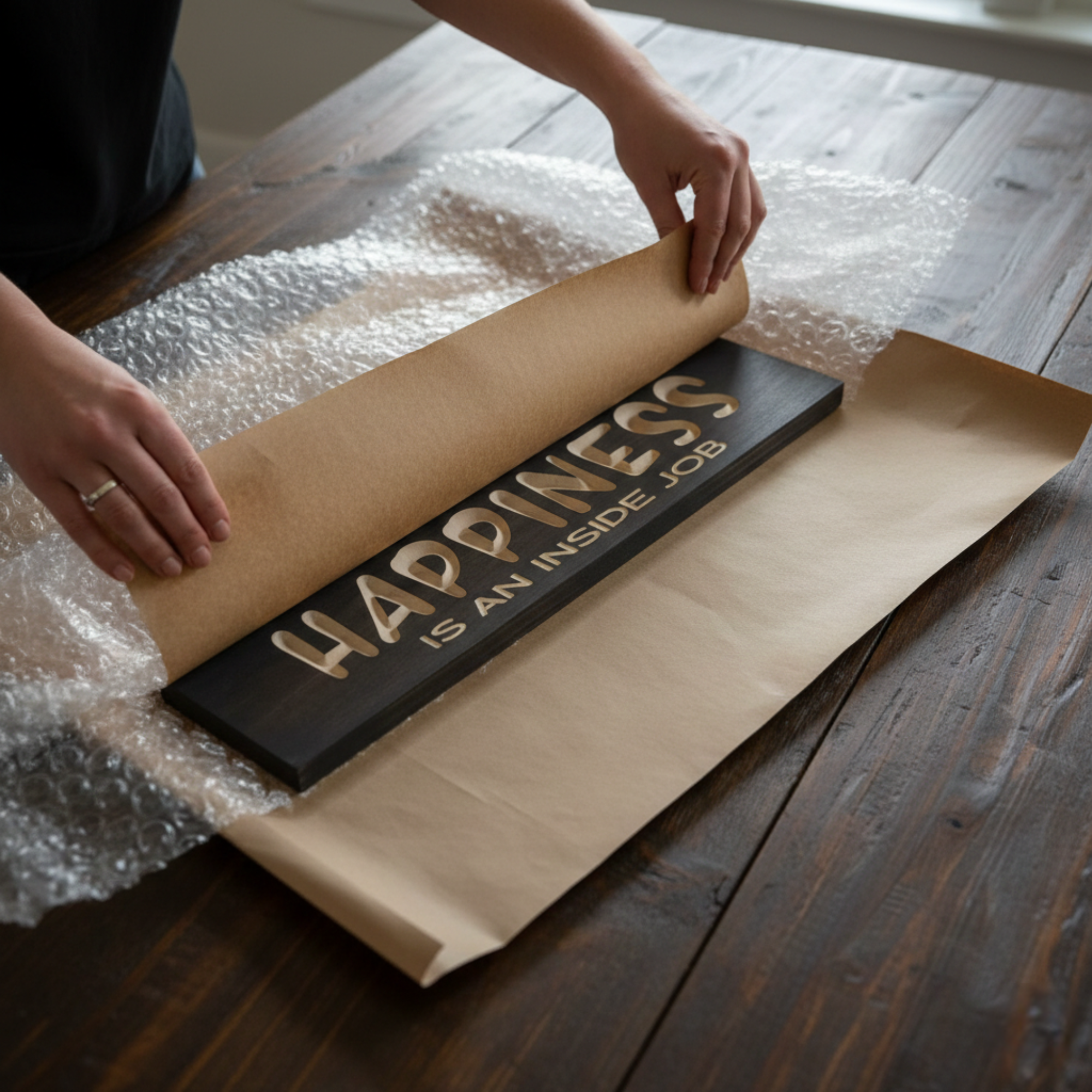 Detailed view of the Happiness Is An Inside Job sign handcrafted in Rineyville, Kentucky, showing the natural wood grain revealed by the carving process.