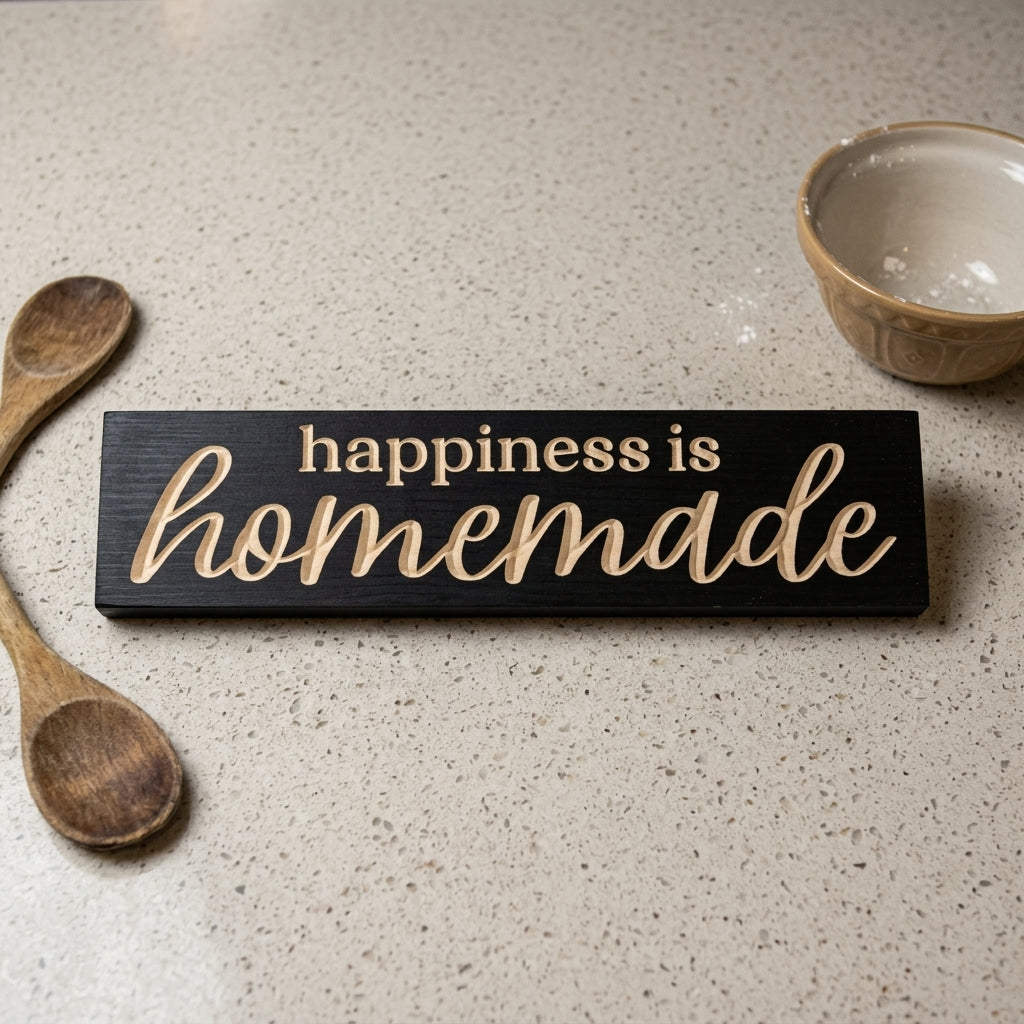 A black Happiness Is Homemade Sign rests on a light speckled kitchen counter next to wooden spoons and a bowl from Bluegrass Gifts