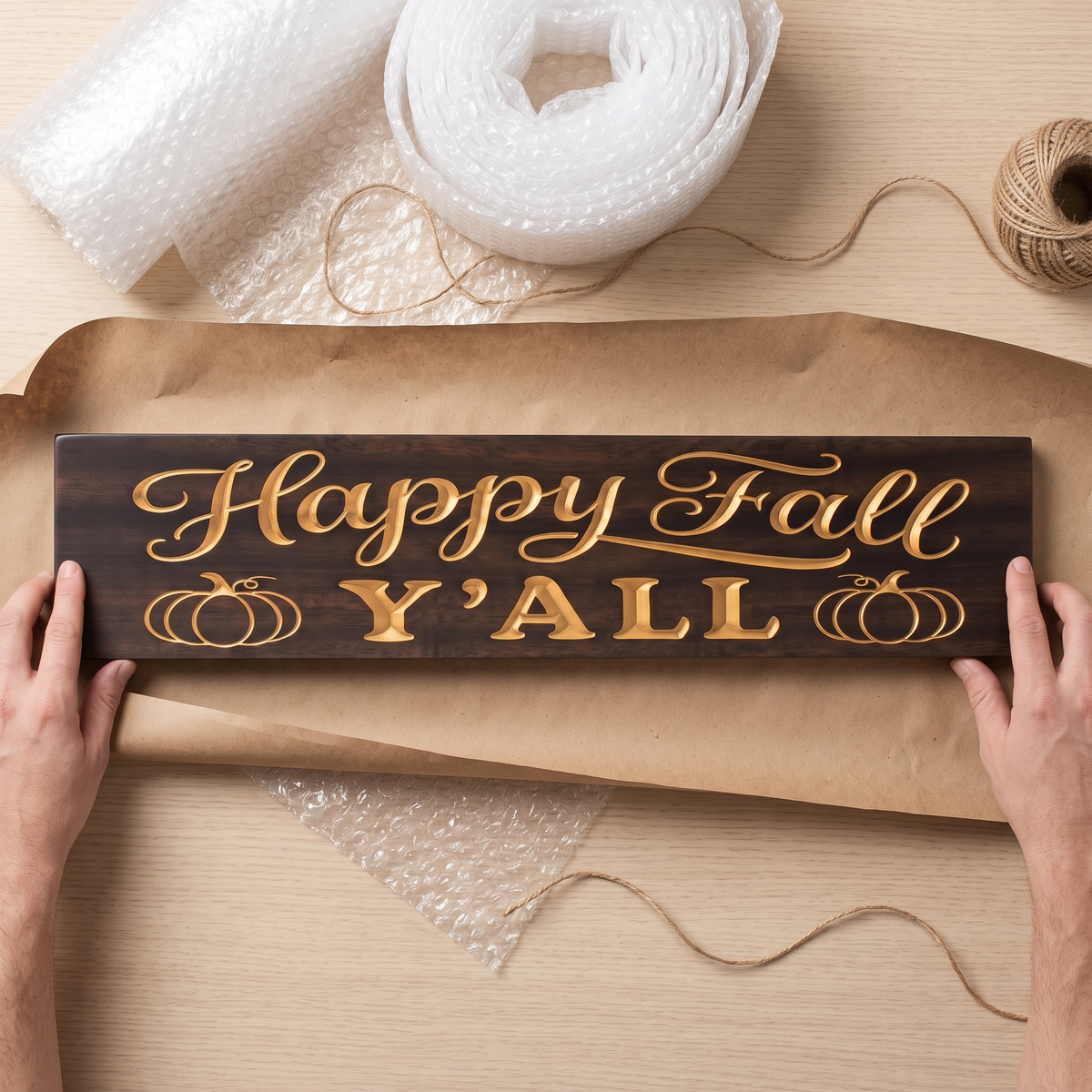 Happy Fall Y'all Sign — Carved Wood Fall Porch Decor — gift-ready packaging — Bluegrass Gifts