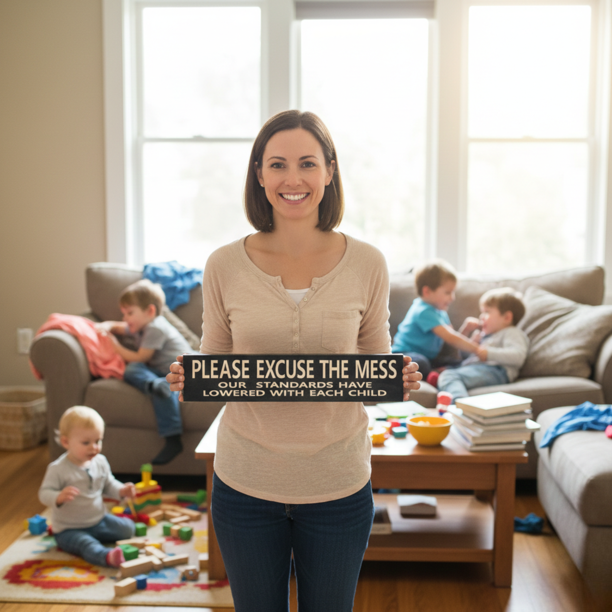 A smiling mother in a busy living room holding a handcrafted Bluegrass Gifts sign that reads "Please Excuse the Mess Our Standards Have Lowered With Each Child".