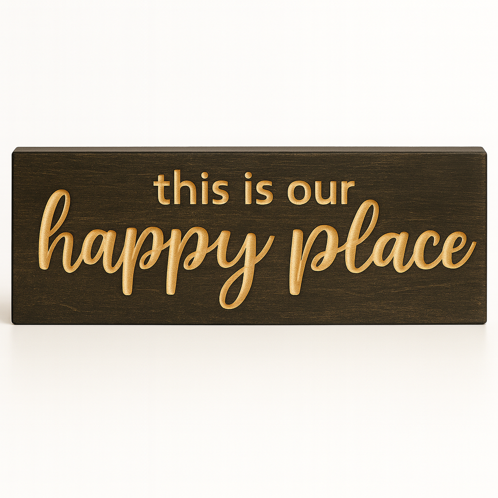 This Is Our Happy Place rustic wooden sign – straight-on product photo farmhouse wall décor