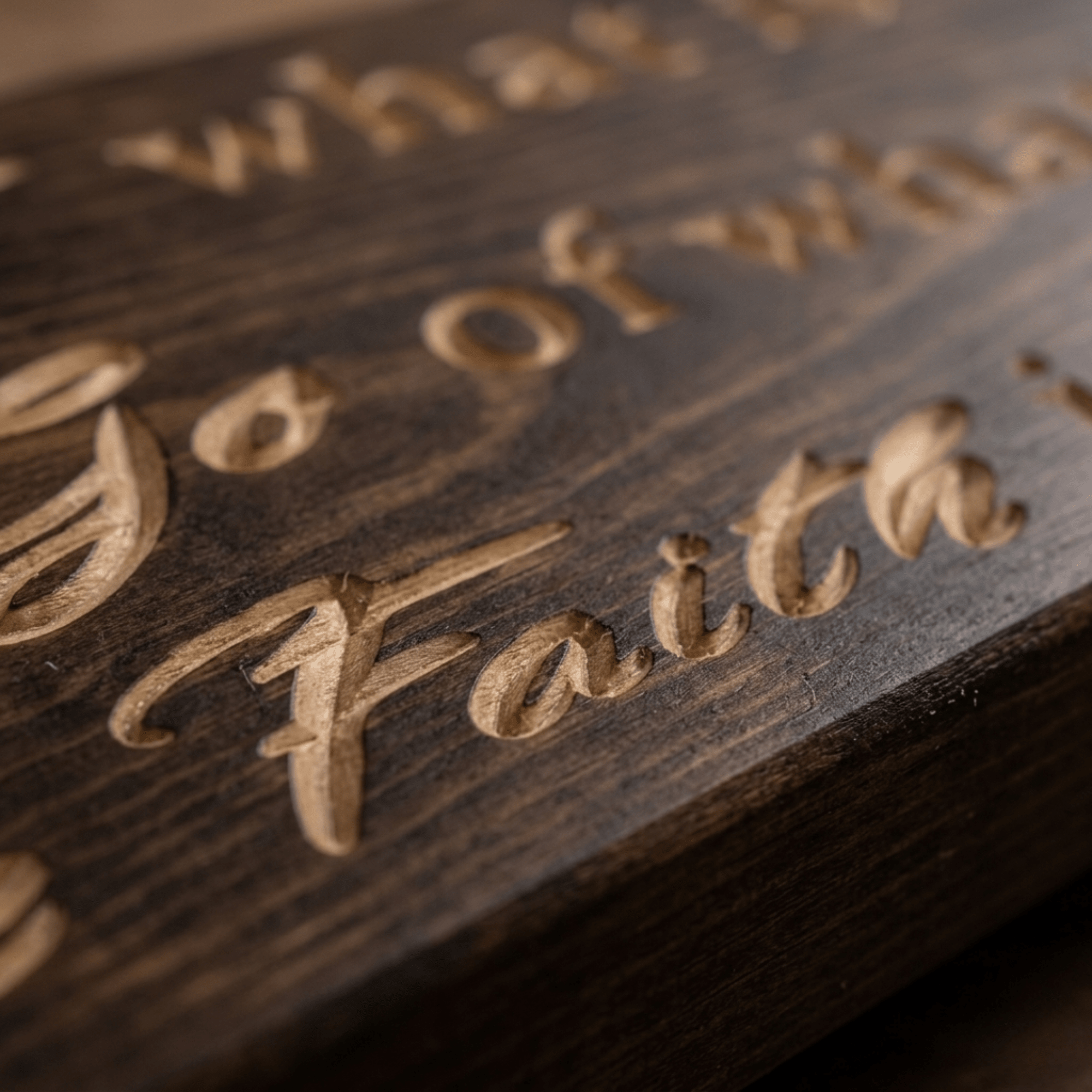 Macro close-up of CNC-carved Have Faith script lettering showing real wood depth on the mindfulness wall sign.