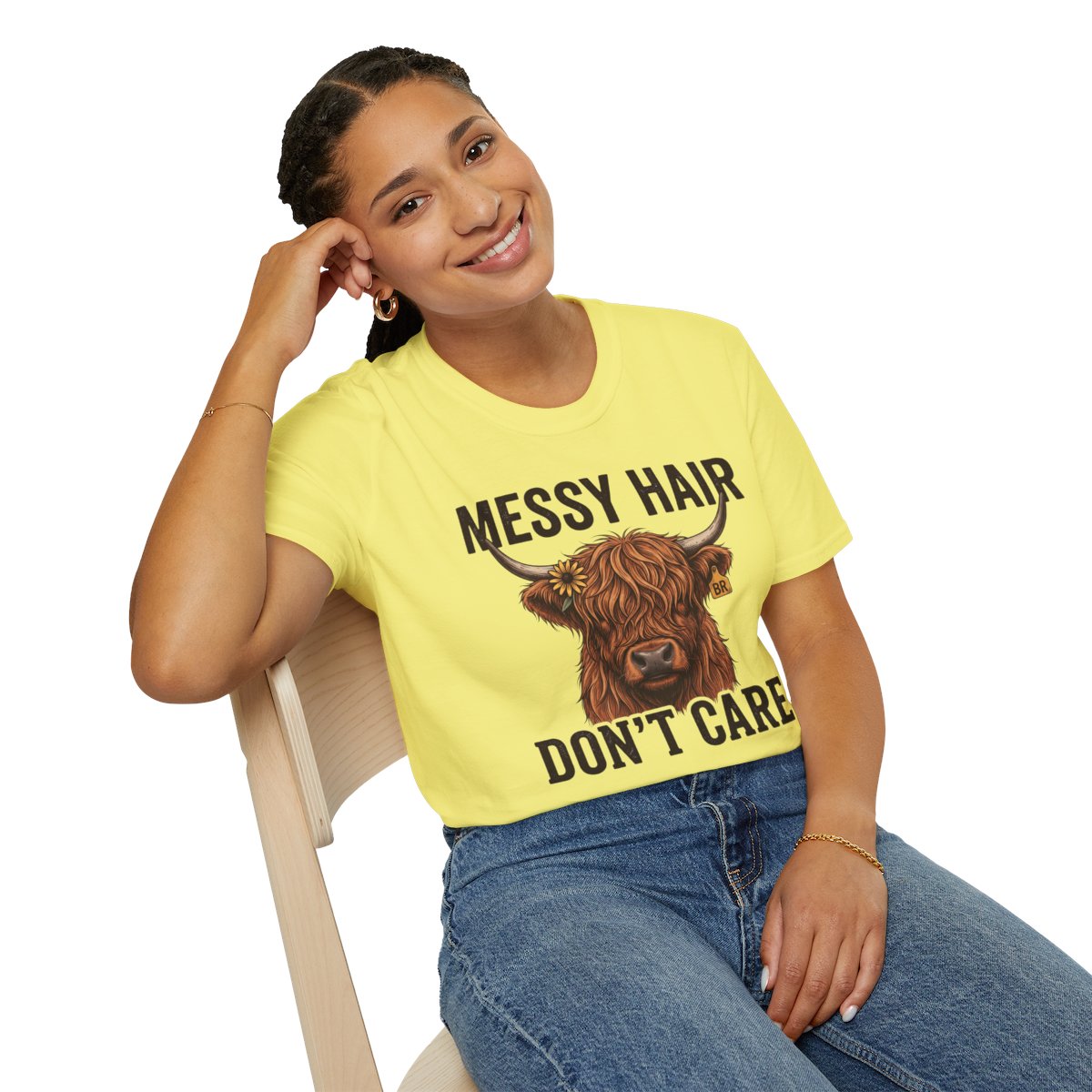 Highland Cow Shirt — "Messy Hair Don't Care" Graphic Tee in Cornsilk