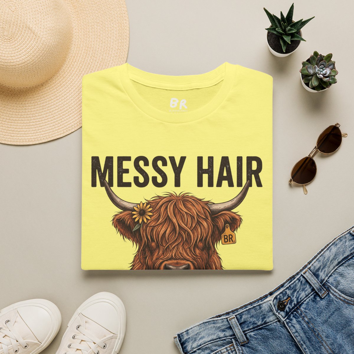 Highland Cow Shirt — "Messy Hair Don't Care" Graphic Tee in Cornsilk