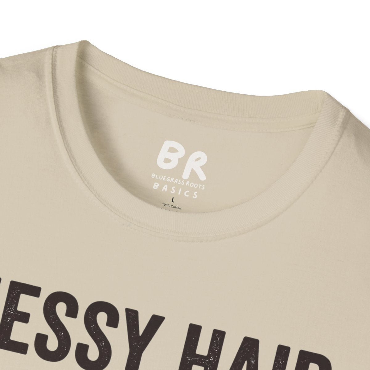 Highland Cow Shirt — "Messy Hair Don't Care" Graphic Tee in Sand