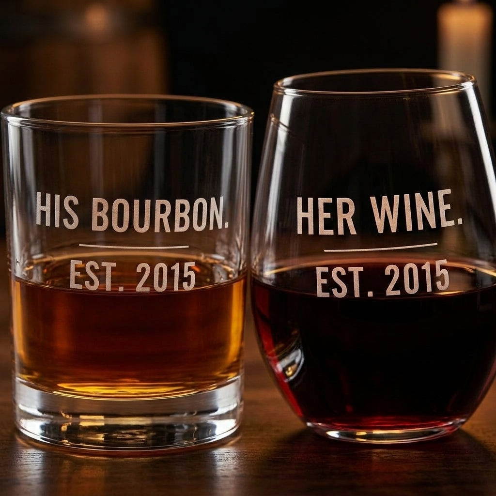 Close-up of the etched HIS BOURBON and HER WINE lettering on the couples glass set
