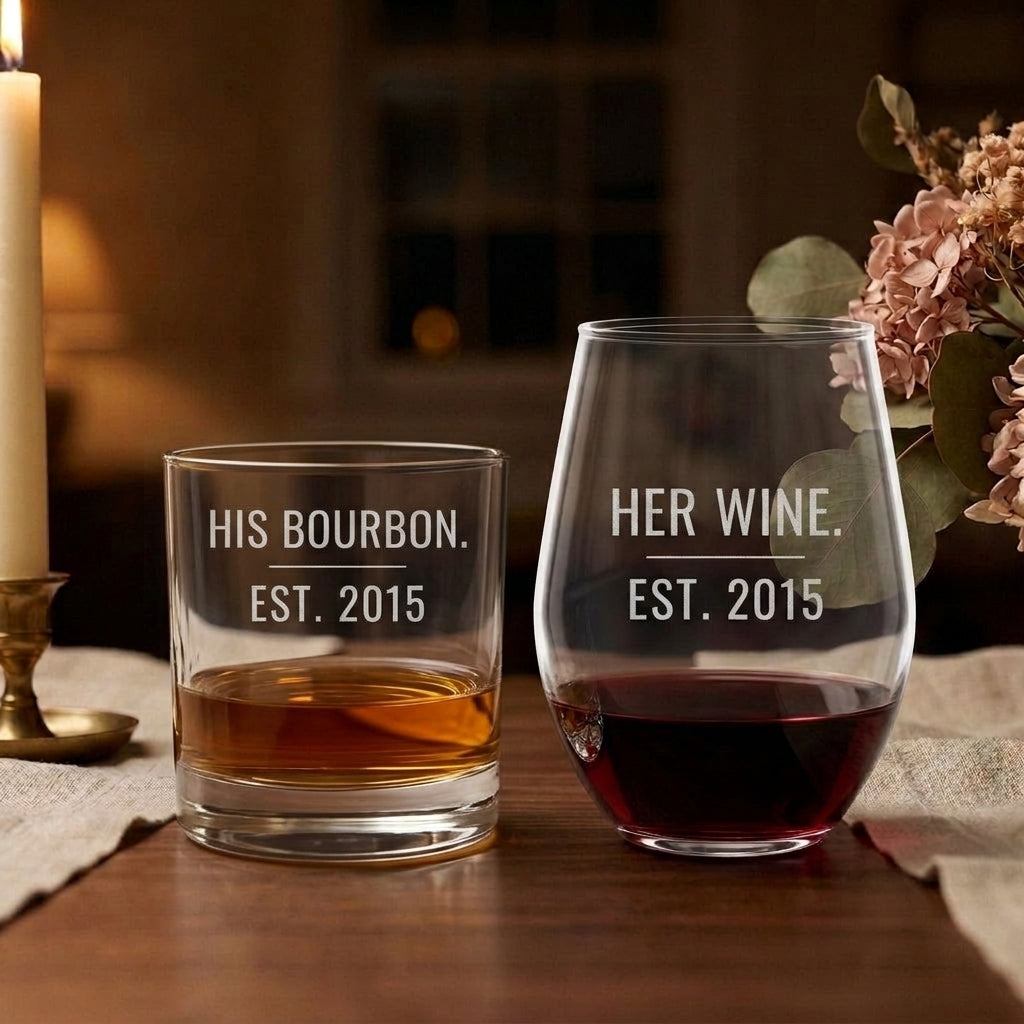 His Bourbon Her Wine engraved couples glass set - whiskey rocks glass and stemless wine glass etched with the established year
