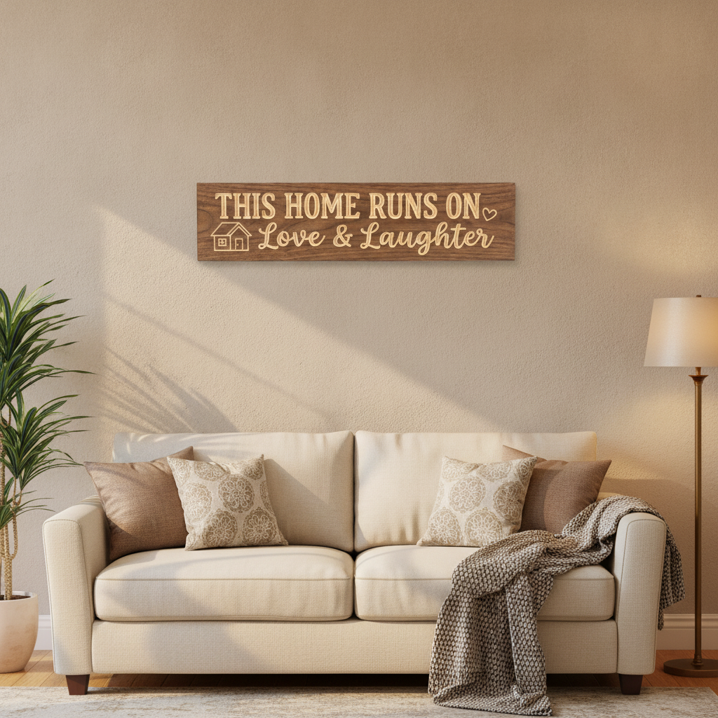 Family Room Sign — This Home Runs On Love & Laughter — styled in room — Bluegrass Gifts