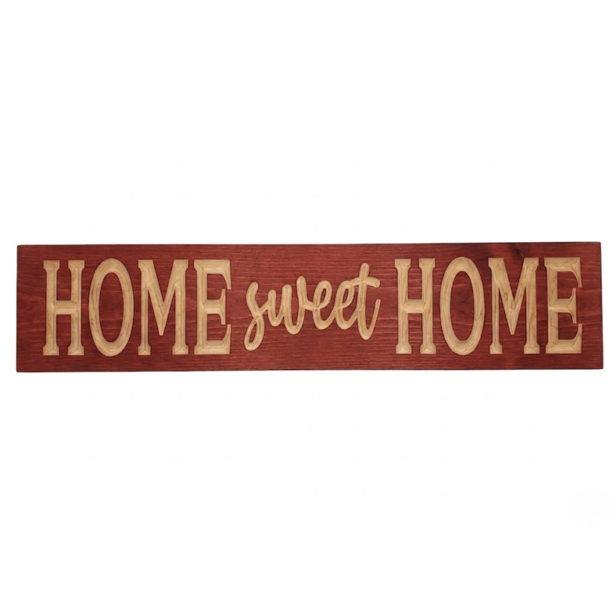 Home Sweet Home wooden sign with deeply CNC carved lettering on solid pine in cabernet stain — handcrafted rustic wall decor from Bluegrass Gifts.