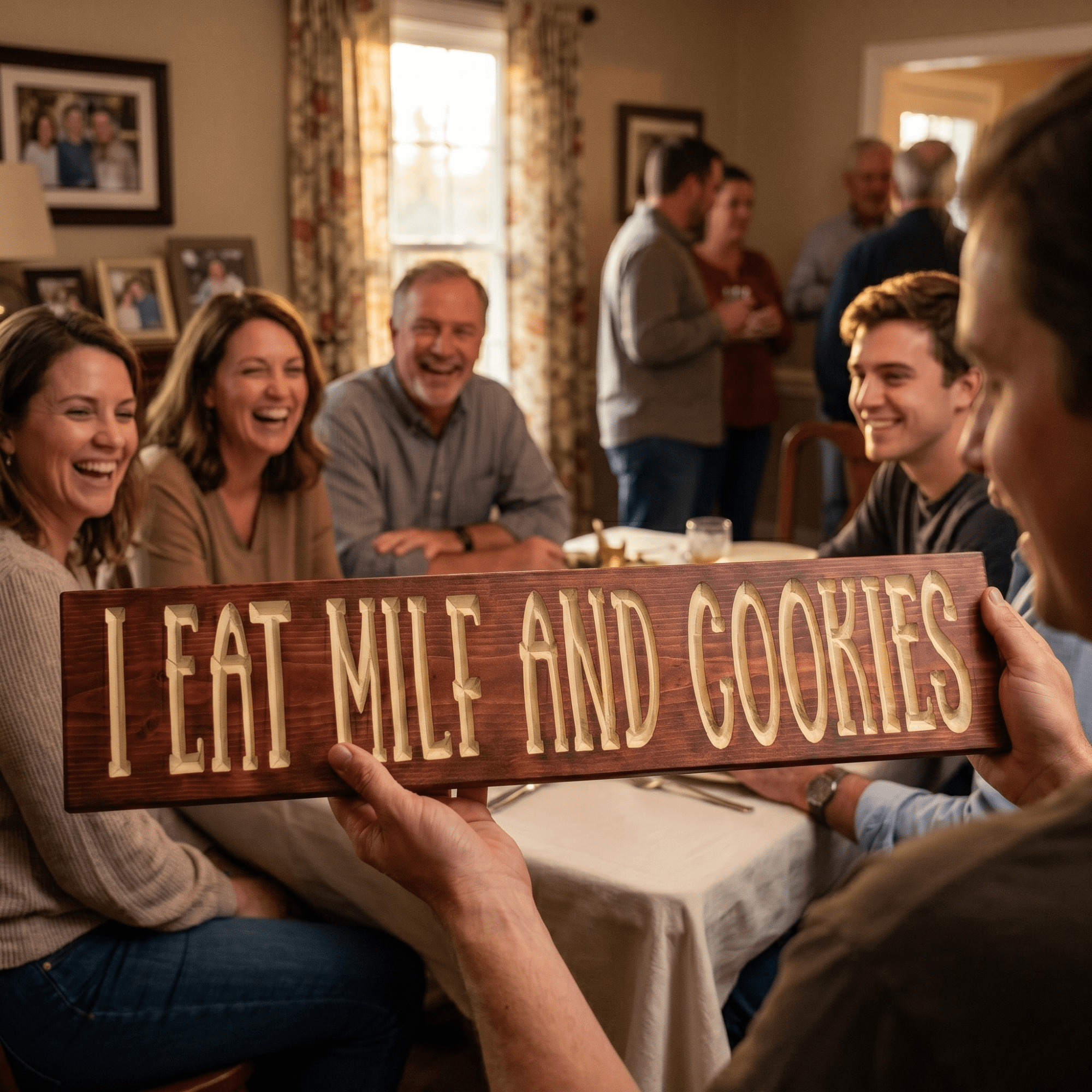 I Eat MILF and Cookies Funny Gag Gift – Bachelor Party & Housewarming Sign Reaction
