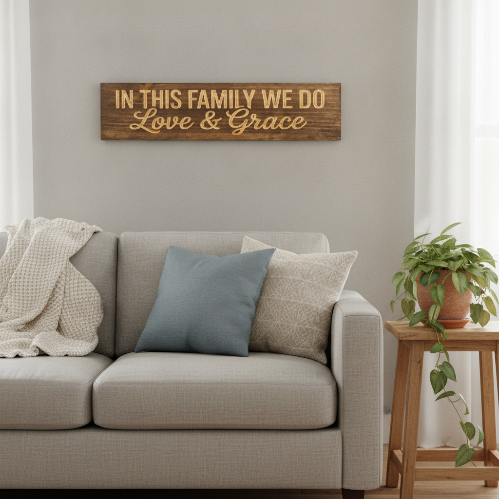 Family Rules Sign — In This Family We Do Love & Grace — styled in room — Bluegrass Gifts