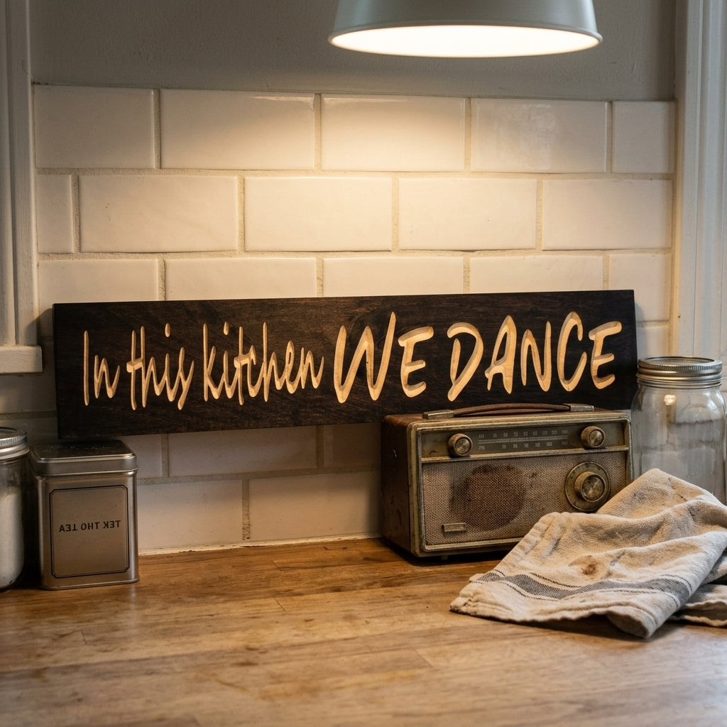 A dark wood In This Kitchen We Dance Sign with light carved letters sits on a kitchen counter, next to an old radio and a jar, from Bluegrass Gifts