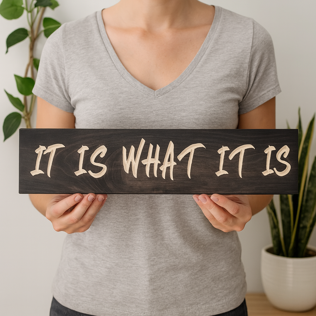Handcrafted wooden plaque with rustic carved lettering – “It Is What It Is” inspirational wall art.
