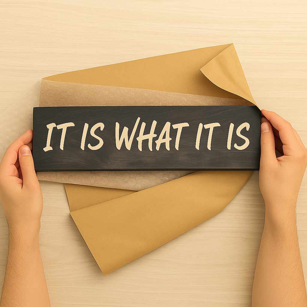 Rustic farmhouse wooden sign “It Is What It Is” wrapped in paper for gift giving.