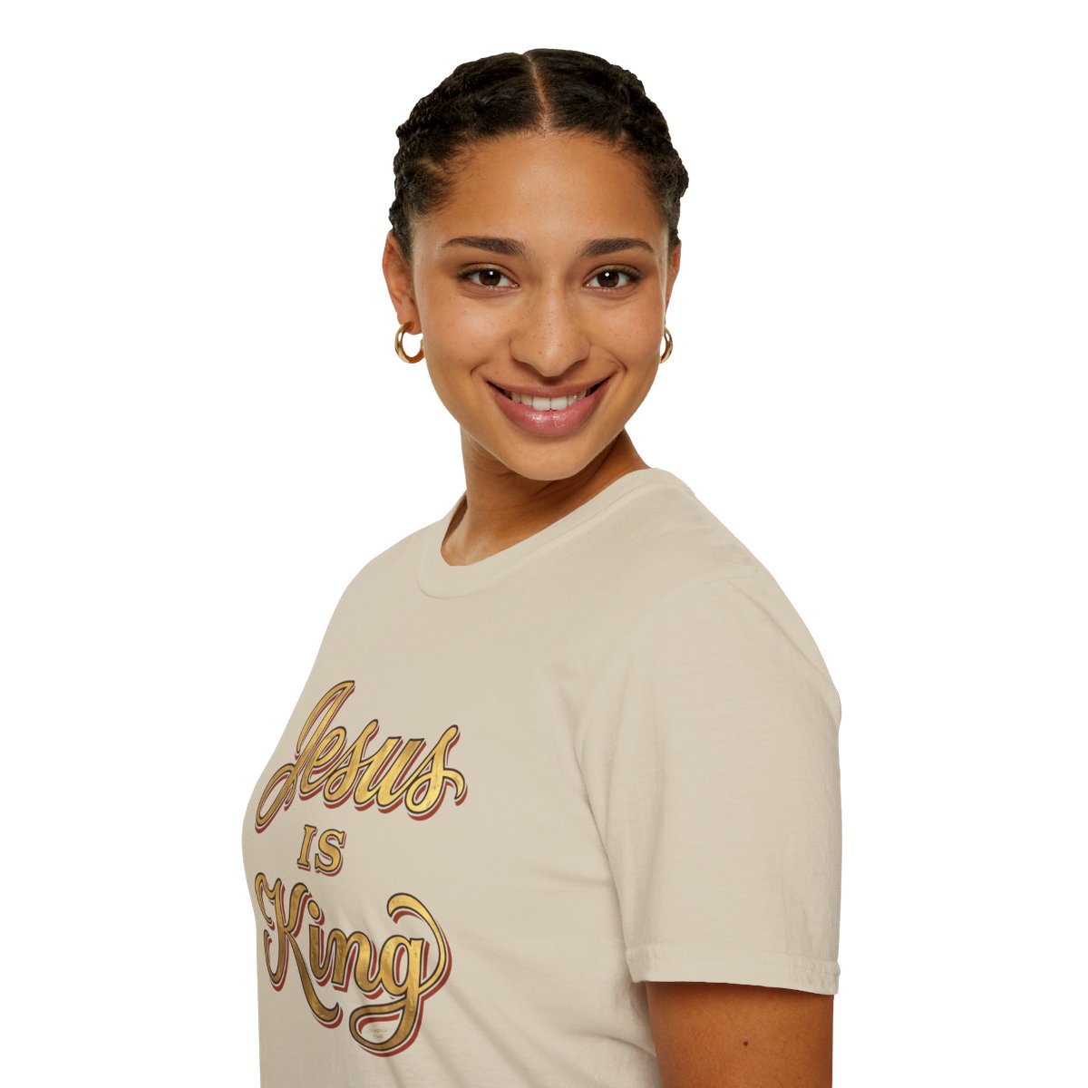 Jesus Is King Shirt — Gold Leaf Script Christian Tee in Sand