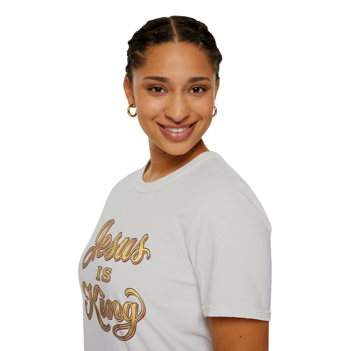 Jesus Is King Shirt — Gold Leaf Script Christian Tee in Ice Grey