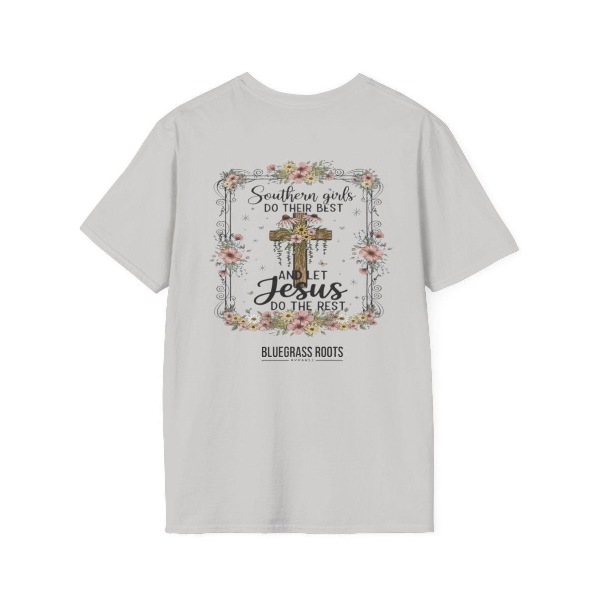 Jesus Shirt for Women — "Southern Girls & Jesus" Floral Tee in Ice Grey