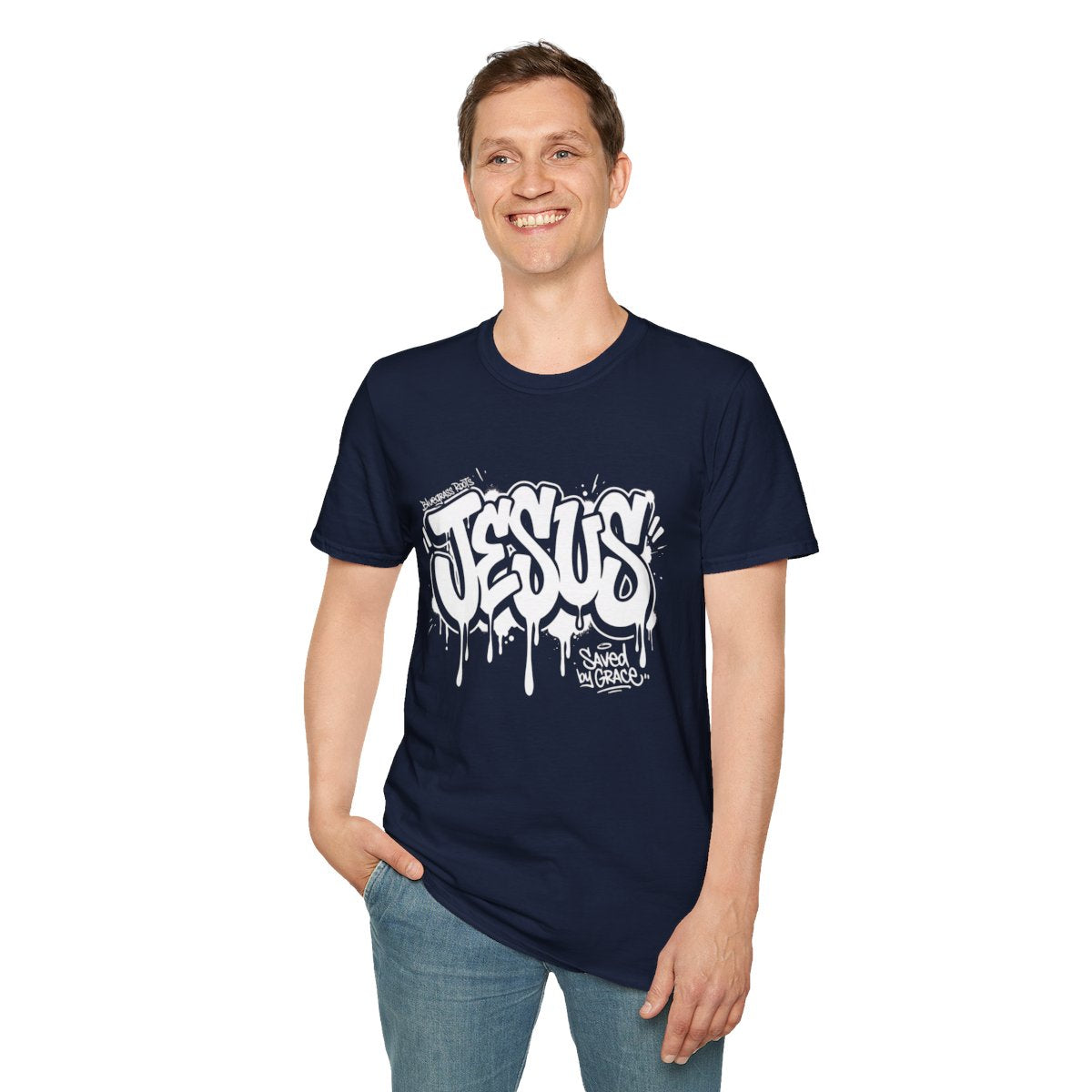 Jesus Tee — "Saved by Grace" Graffiti Christian Streetwear Shirt in Navy