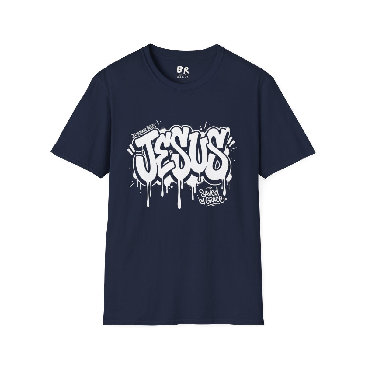 Jesus Tee — "Saved by Grace" Graffiti Christian Streetwear Shirt in Navy