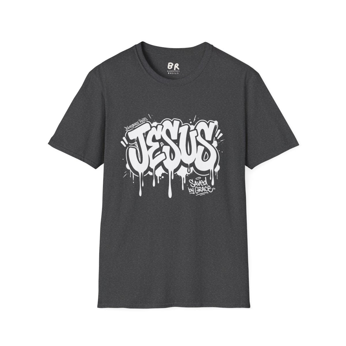 Jesus Tee — "Saved by Grace" Graffiti Christian Streetwear Shirt in Dark Heather