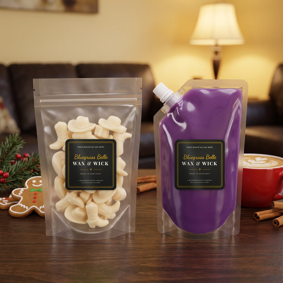 Jingle Bell Jammies squeeze wax melt pouch and wax melt tarts by Bluegrass Belle Wax & Wick