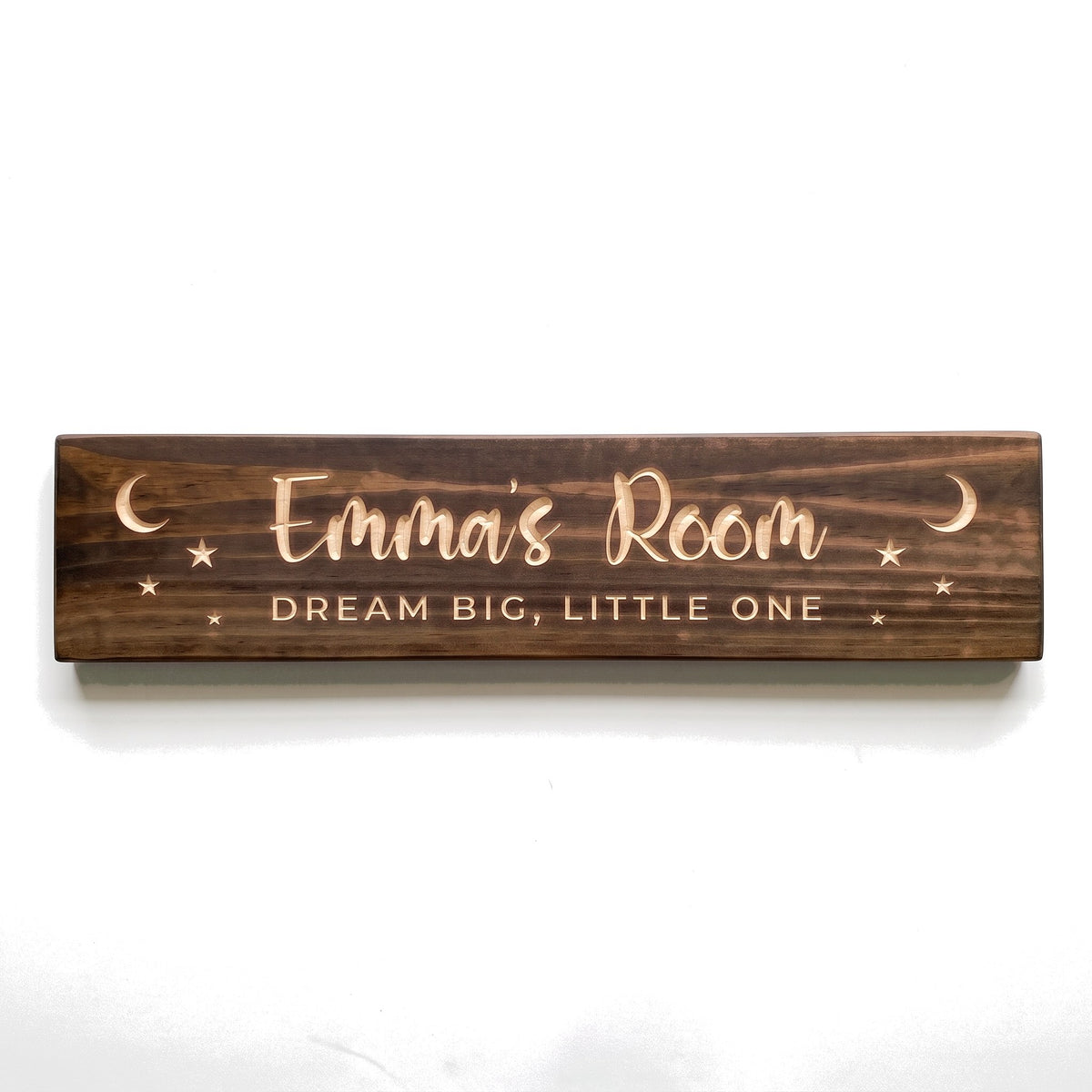 Personalized Emma's Room sign carved into solid wood in a Dark Walnut finish, straight on, on a white background (studio photo)