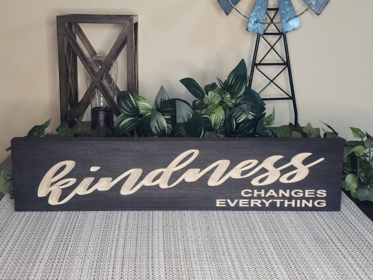 Carved Detail - kindness changes everything wood sign by Bluegrass Gifts, handmade in Kentucky