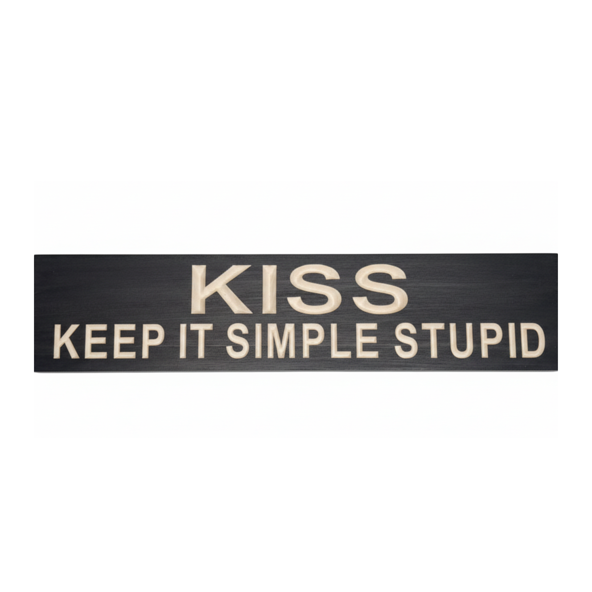 A high-contrast black and natural wood sign featuring the carved text KISS Keep It Simple Stupid, designed as professional office wall decor by Bluegrass Gifts.