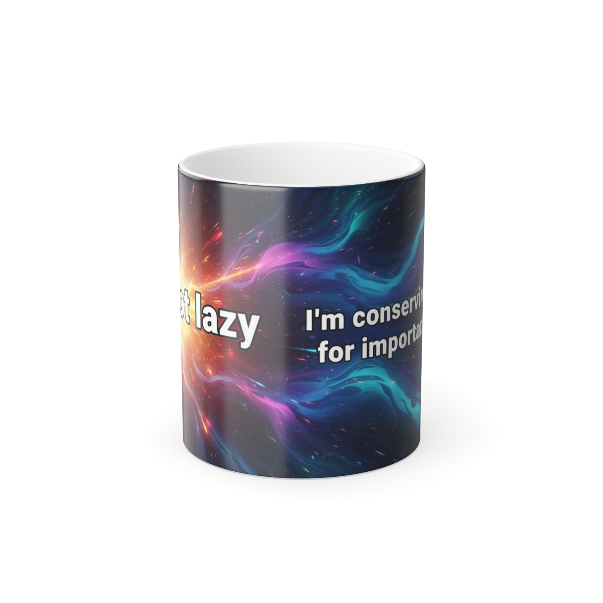 I’m Not Lazy cosmic heat-reveal mug showing bright orange starburst and galaxy glow when hot.