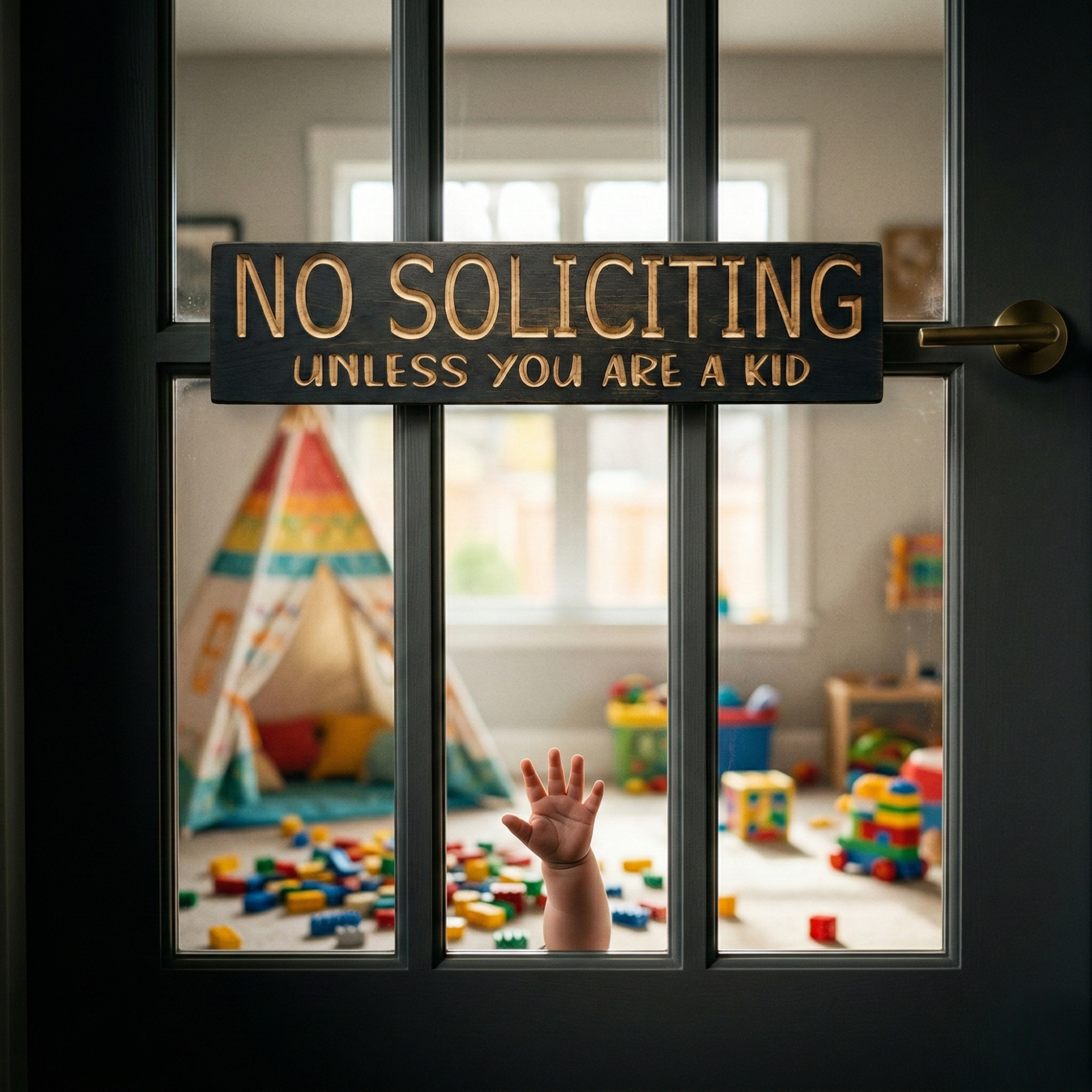 Creative lifestyle shot of a "No Soliciting" sign on a French door, with a child's hand and toy-filled playroom blurred in the background.